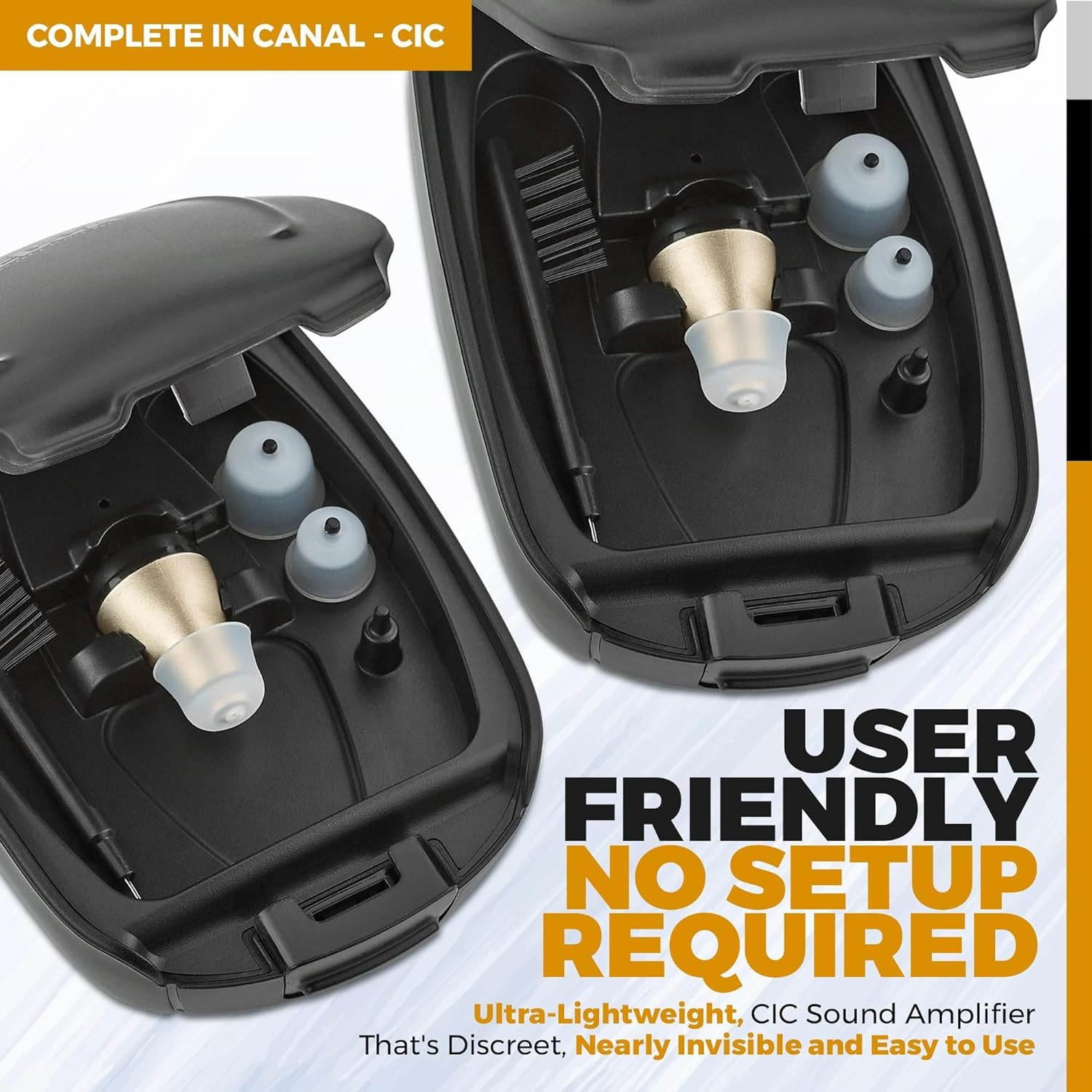 Rechargeable Hearing Amplifier Pair - Left & Right Ear CIC Complete-in-Canal Set, Nearly Invisible Personal Sound Amplifier with Digital Noise Cancelling and Feedback Reduction for Seniors and Adults