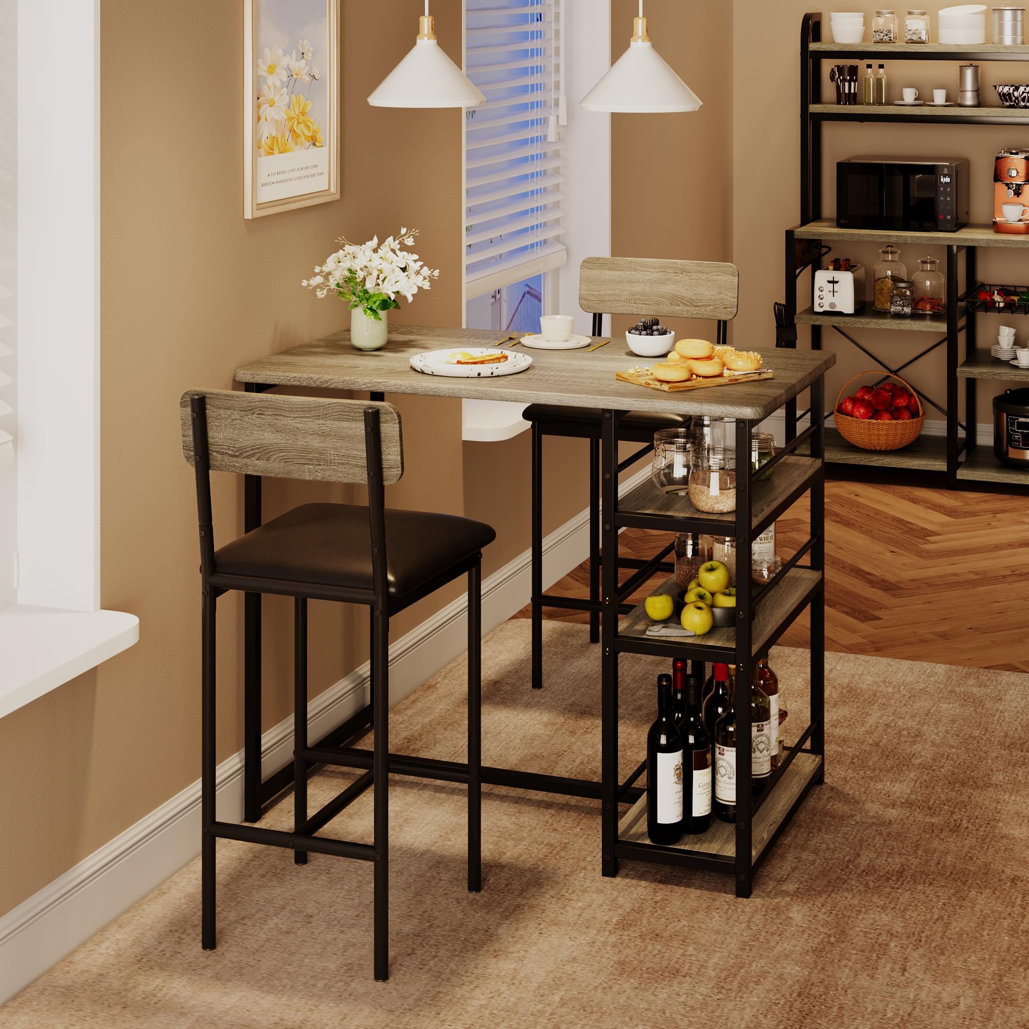GarveeHome Set di 3 tavoli rialzati – 1 tavolo + 2 sedie imbottite, tavolo da cucina compatto con 3 ripiani, salvaspazio e stabile, metallo + MDF, ideale per cucina, bar e angolo colazione, grigio