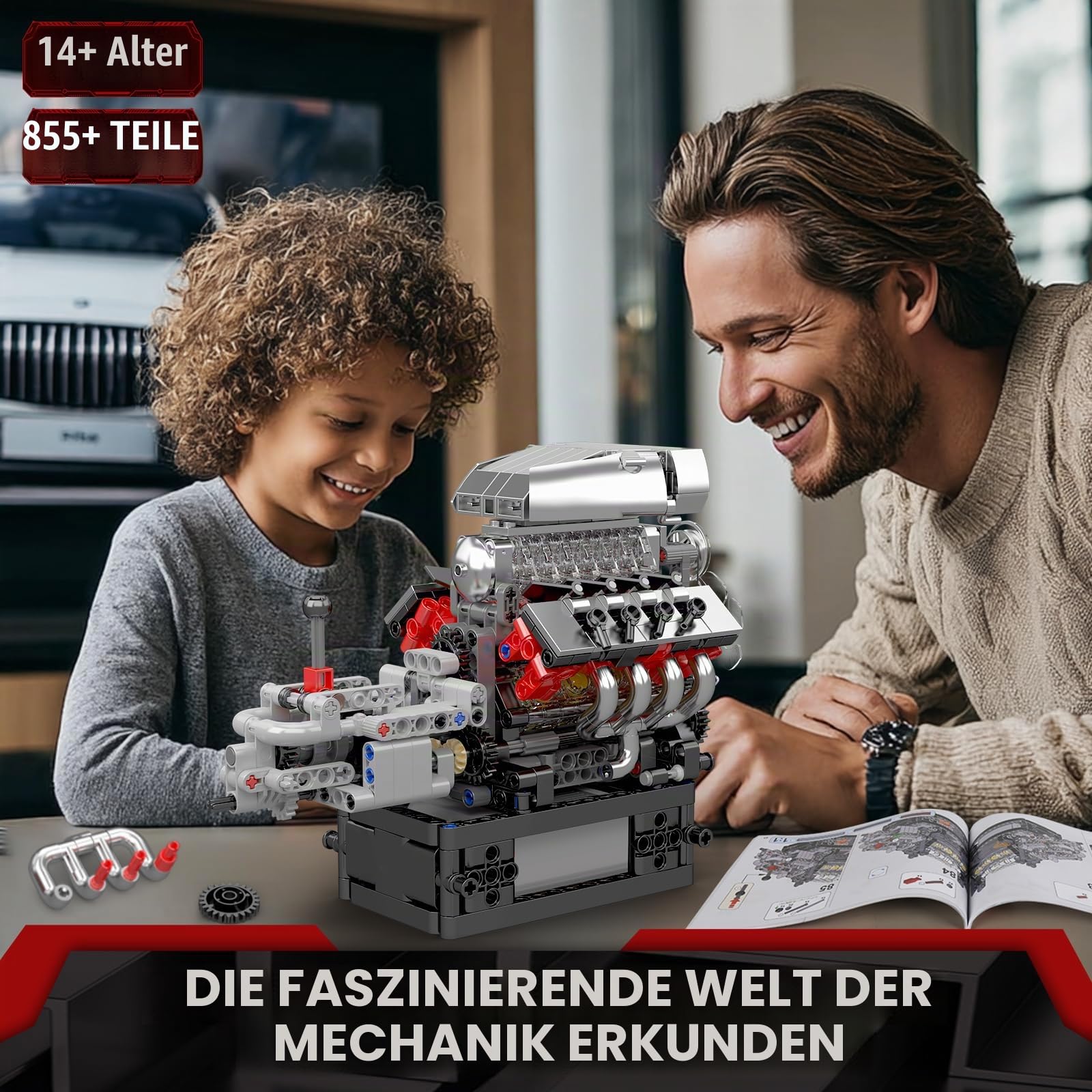 Mould King 10225 Technik V8 Motor und Getriebe Klemmbausteine Bausatz Kit, STEM 855+ Stücke Motormodellblöcke mit Motor, MOC Auto Engine Modell Spielzeug für Jugendliche/Erwachsene Sammlung Liebhaber