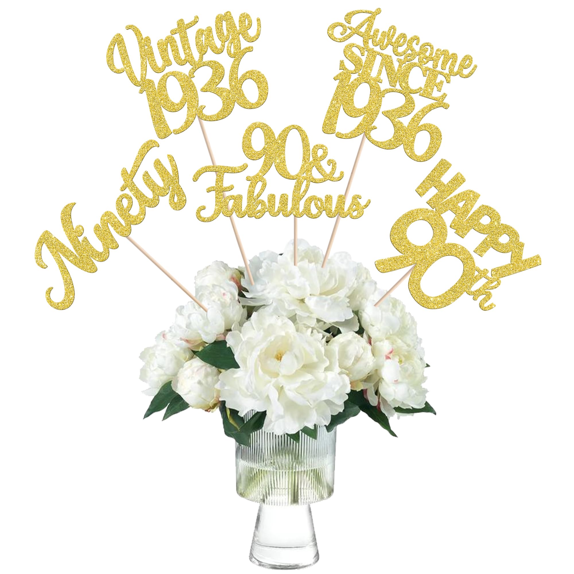 15 PCS 90th Birthday Centerpiece Sticks Double Sided Ninety Happy 90th Vintage 1936 Table Flower Centerpieces Sticks Cheers to 90 Fabulous Floral Decorations for 90th Birthday Party Supplies Gold