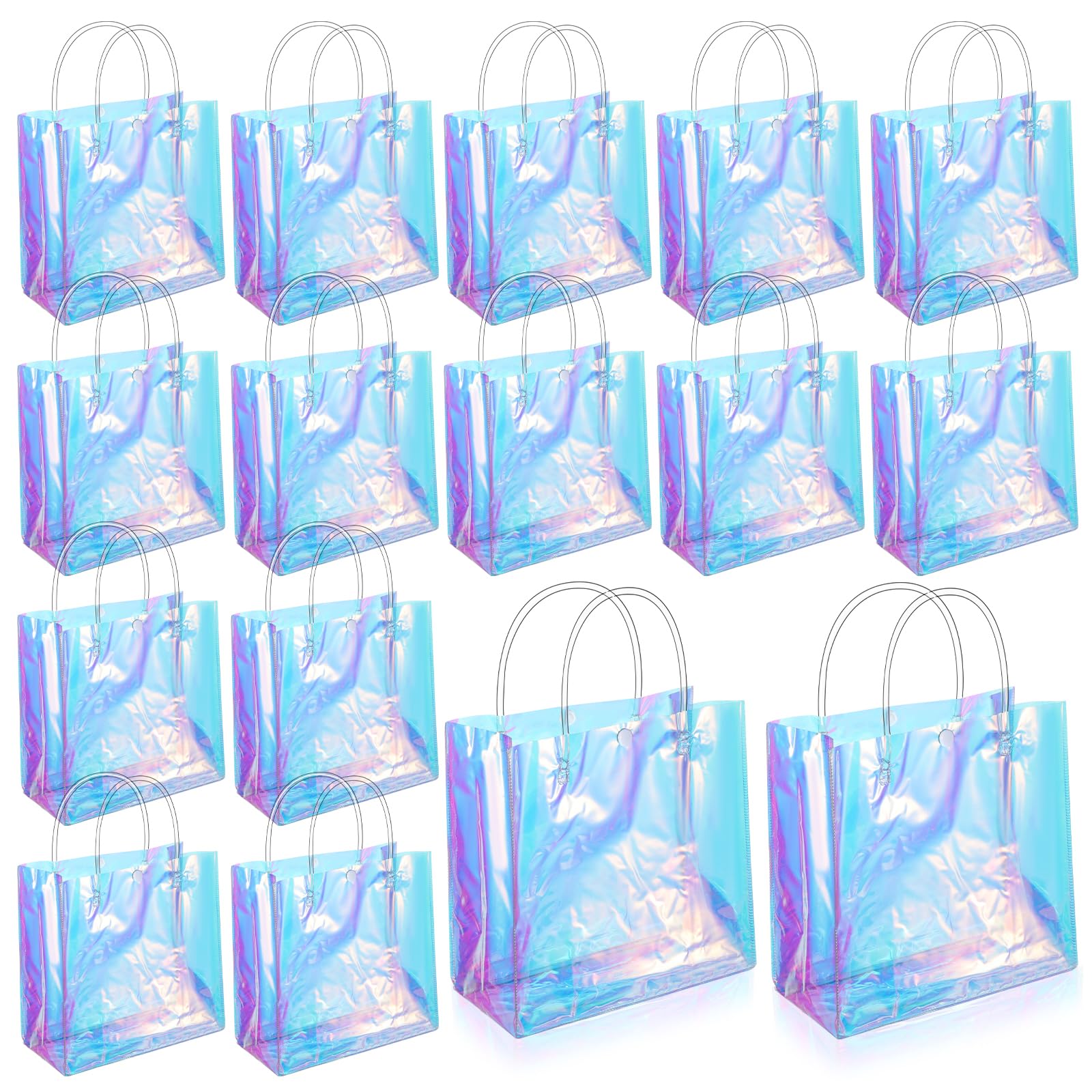 Yuanan 16 PCS Holographic Gift Bags, Iridescent Gift Bags Reusable Pvc Gifts Wrap Bag Clear Gifts Bag with Handles for Shopping Christmas Holiday Party Favor(7.8 X 7.8 X 3.5 Inch, Rainbow)