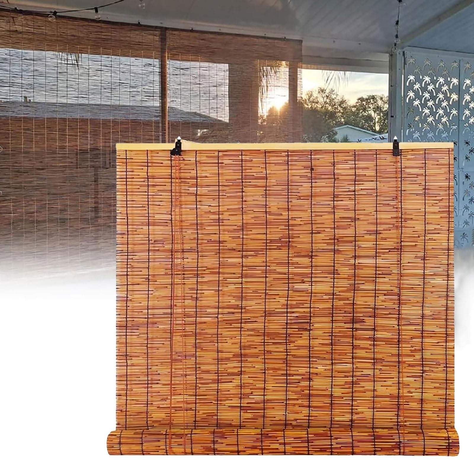 Blackout Roll Up Blind for Windows Cordless Reed Privacy Screen, Waterproof Sun protection for Porch, Pergola, Garden(100cmx150cm)