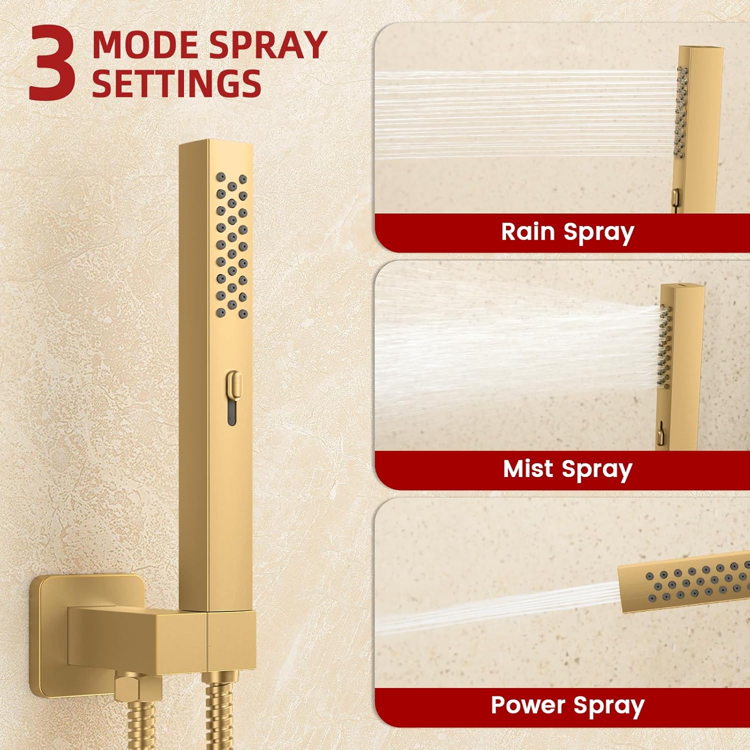 Push Button Diverter Shower Faucet Set Hydro Power Temperature Display, Shower System Ceiling Mounted 10" & Wall Mounted 6" Shower Head with 3-Spary Handheld, Brushed Gold