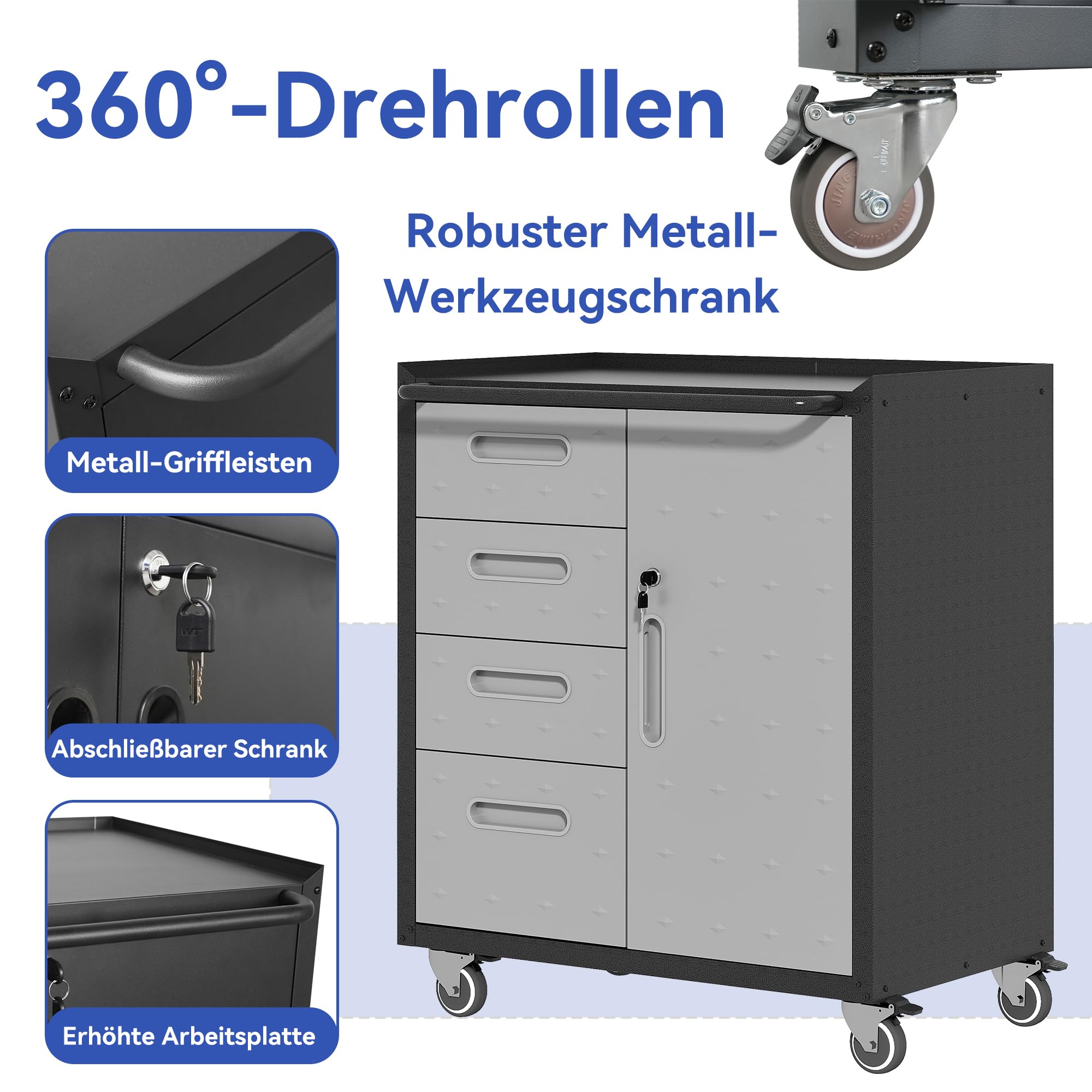 Generisch Stabilna metalowa szafka na narzędzia z 4 szufladami + zamykana półka, nośność 90 kg i kółka obrotowe 360°, 75 x 42 x 88 cm – do garażu, warsztatu, gospodarstwa domowego