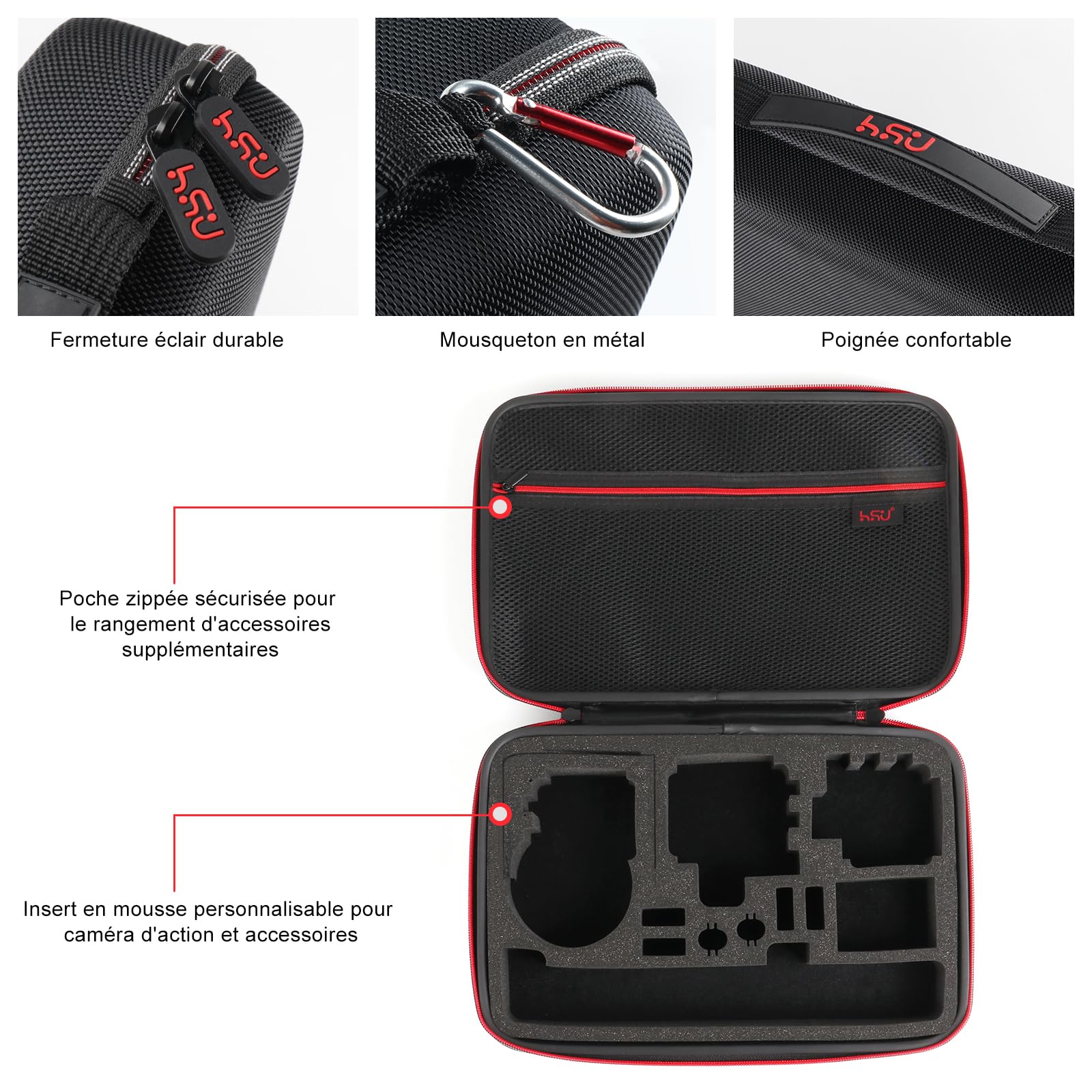 HSU Sac de Transport pour GoPro, Etui de Protection étanche à la Surface pour Caméras d'action Hero 12/11/10/9/8/7/6/5/4/3 et Accessoires