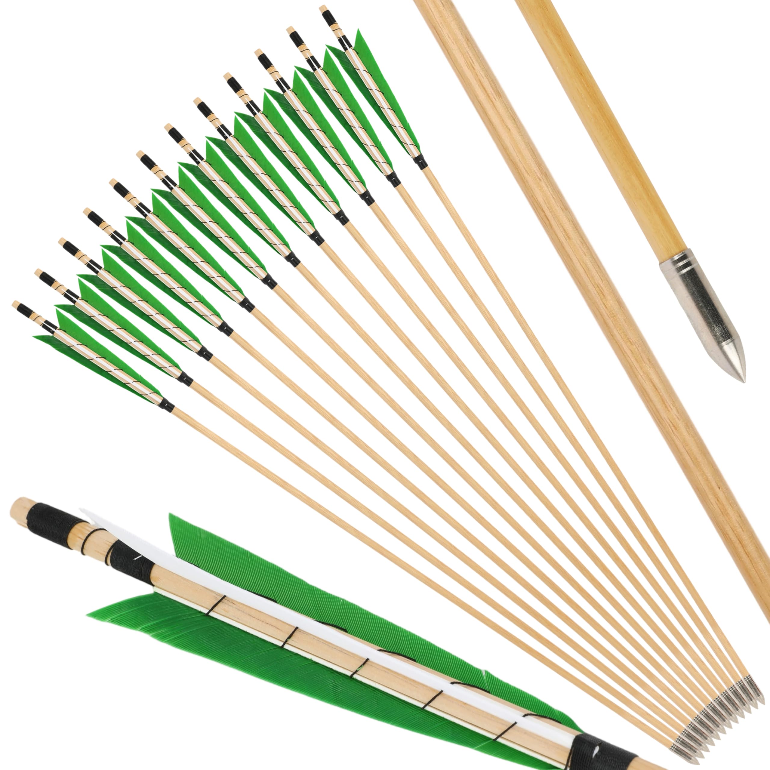 surwolf 31" Archery Wooden arrows Traditional Handmade with 6" Turkey feather Sleeve points OD8.5mm Wooden shaft Hunting Practice Targeting for Long/Recurvebow Horsebow 12pcs (greenwhite, 12pcs)