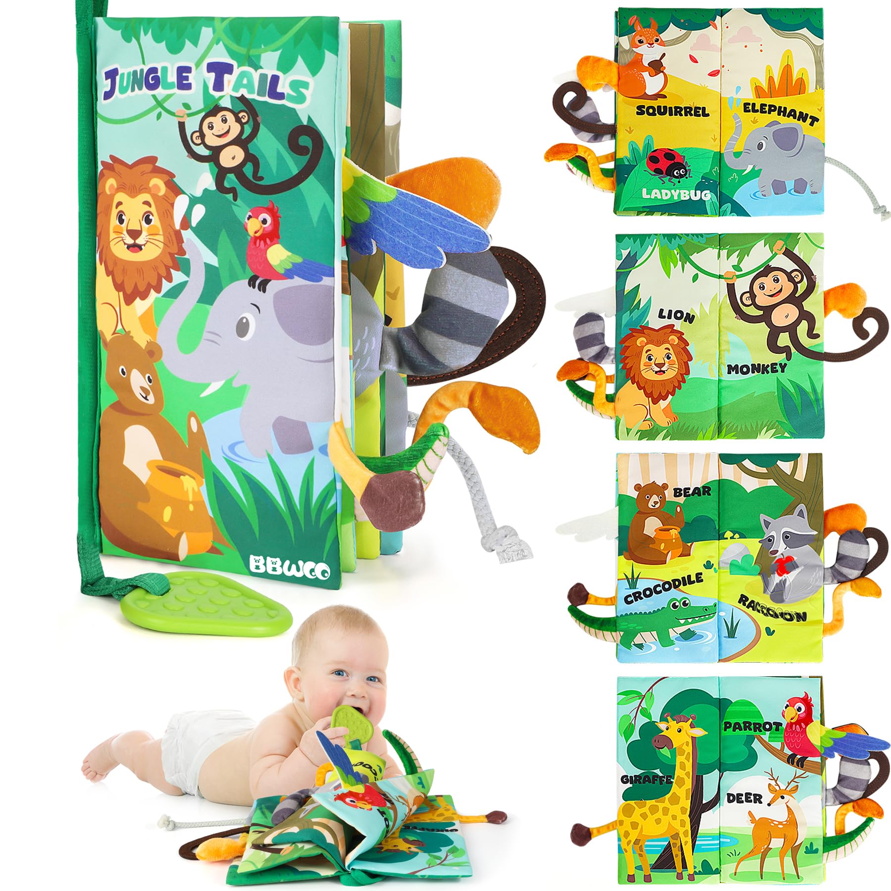 BBWOO Livre bébé 0-12 Mois, Livre bébé en Tissu Montessori aux Animaux 3D avec Anneau Dentition, Jouet bébé et Jeux pour l’éveil sensoriel et Le Tummy Time, Lavable, Un Cadeau bébé idéal
