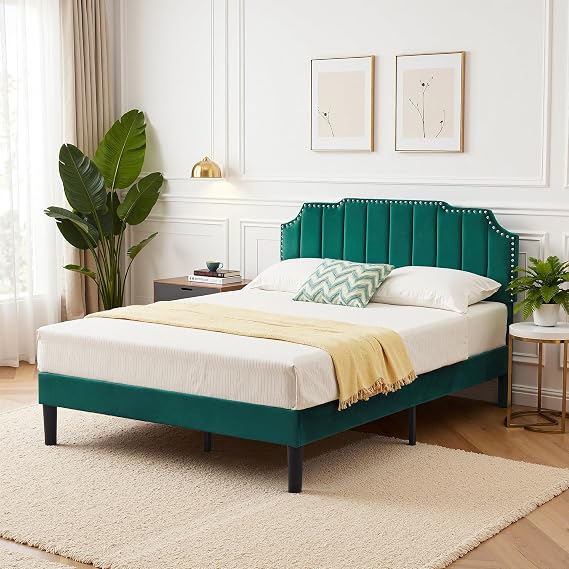 VECELO Queen Size Velvet Upholstered Platform Bed Frame with Nailhead Trim,Tufted Height Adjustable Headboard,Queen Bed with Wooden Slats/Mattress Foundatio/No Box Spring Needed/Under Bed Storage
