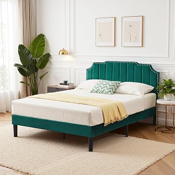 VECELO Queen Size Velvet Upholstered Platform Bed Frame with Nailhead Trim,Tufted Height Adjustable Headboard,Queen Bed with Wooden Slats/Mattress Foundatio/No Box Spring Needed/Under Bed Storage