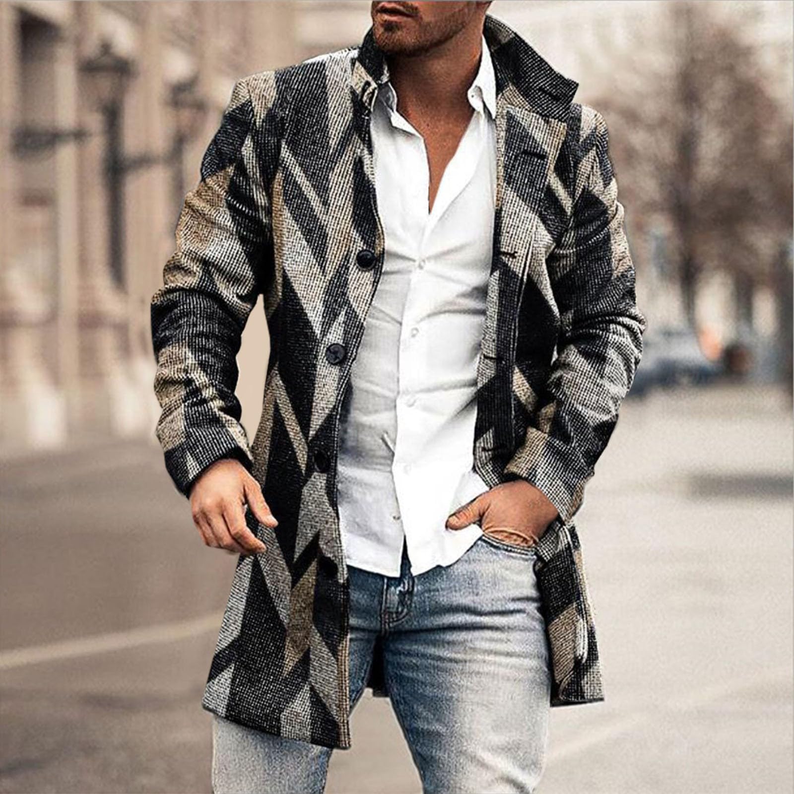 Cardigan invernale da uomo, lungo, con bottoni | Cappotto di media lunghezza, colletto alto, cappotto invernale con tasche laterali, classico cappotto per le mezze stagioni