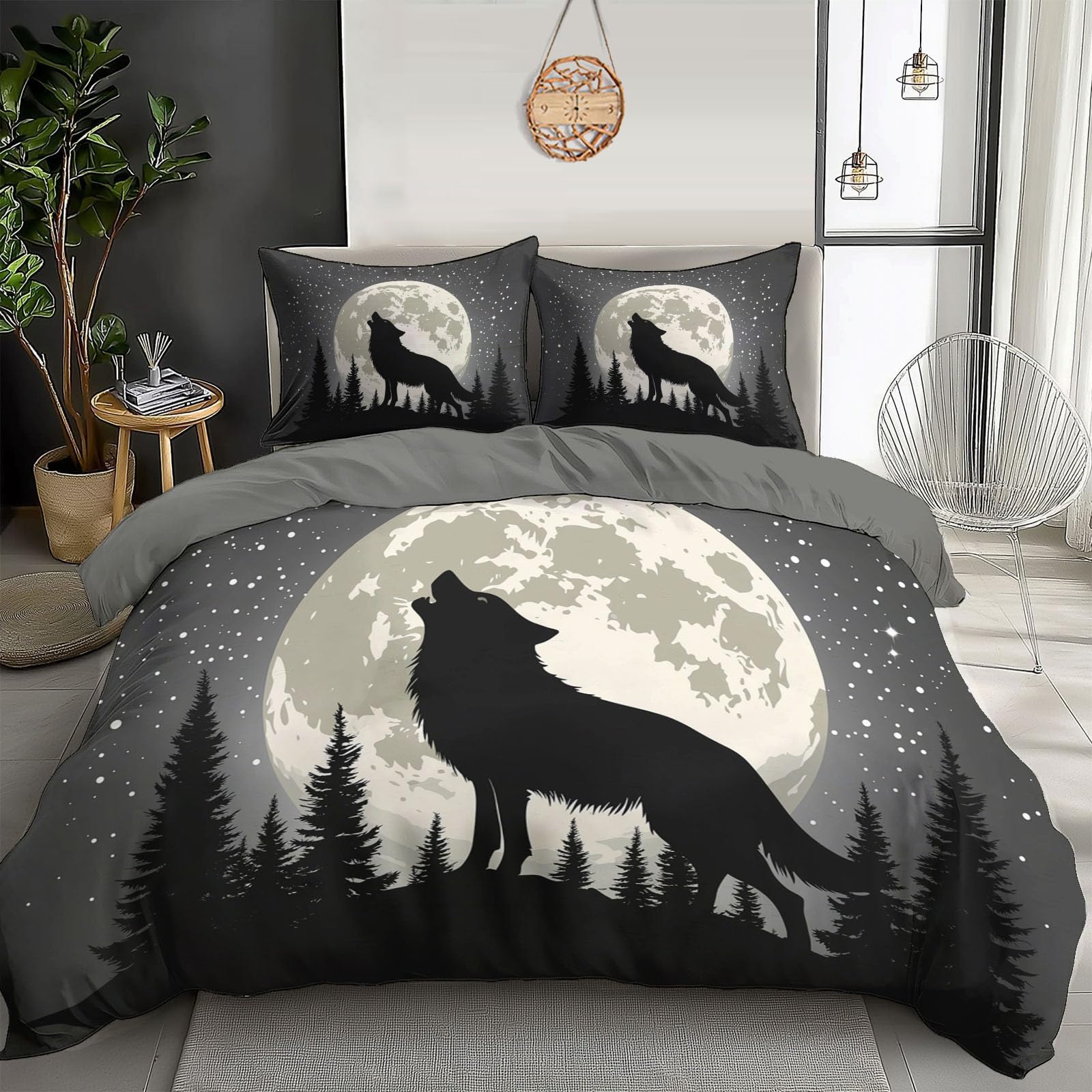 Parure de lit loup 140x200cm housse de couette microfibre gris noir réversible zippée