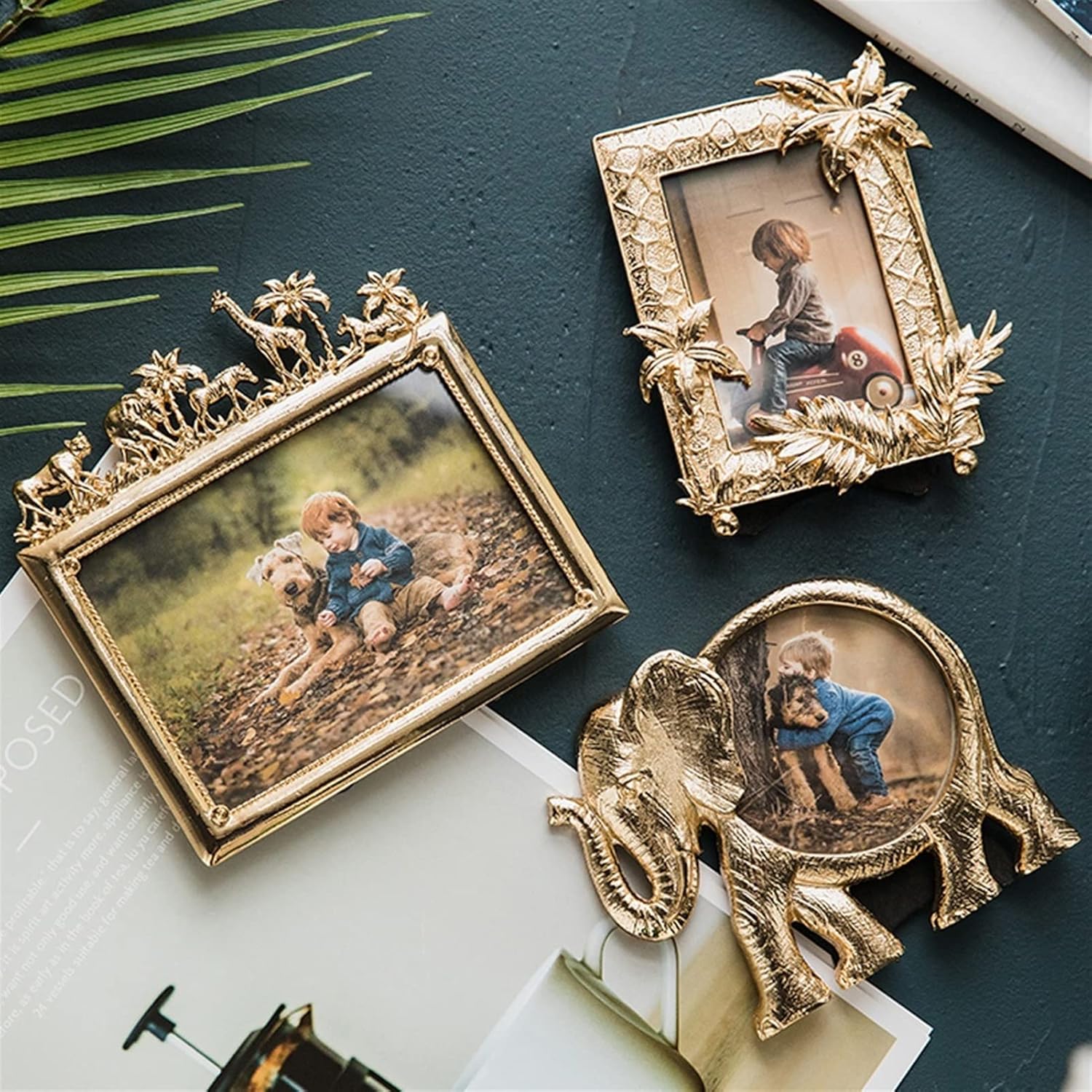 Photo Frame Luxury Retro Golden Elephant Frame Creative Animal Metal Photo Frame for Children Photo Home Decoration Decoration Gift Display Pictures(A)
