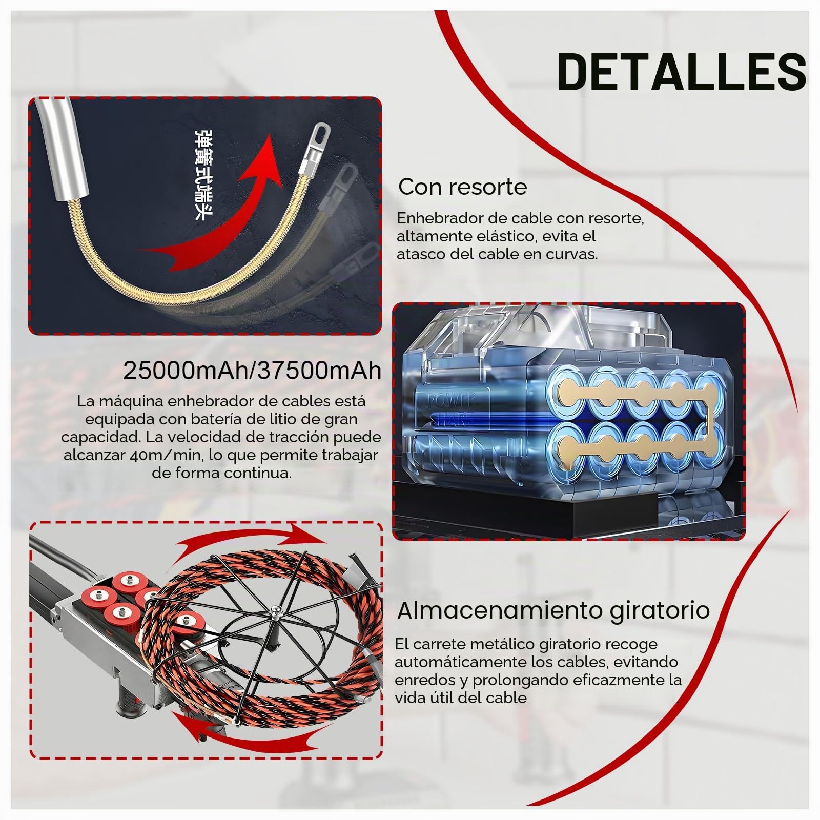 Máquina para Pasar Cables, pasacables Oculto para tuberías a través de Paredes, máquina de tracción eléctrica, máquina automática para Pasar Cables con Velocidad Variable 1Battery-25000mah