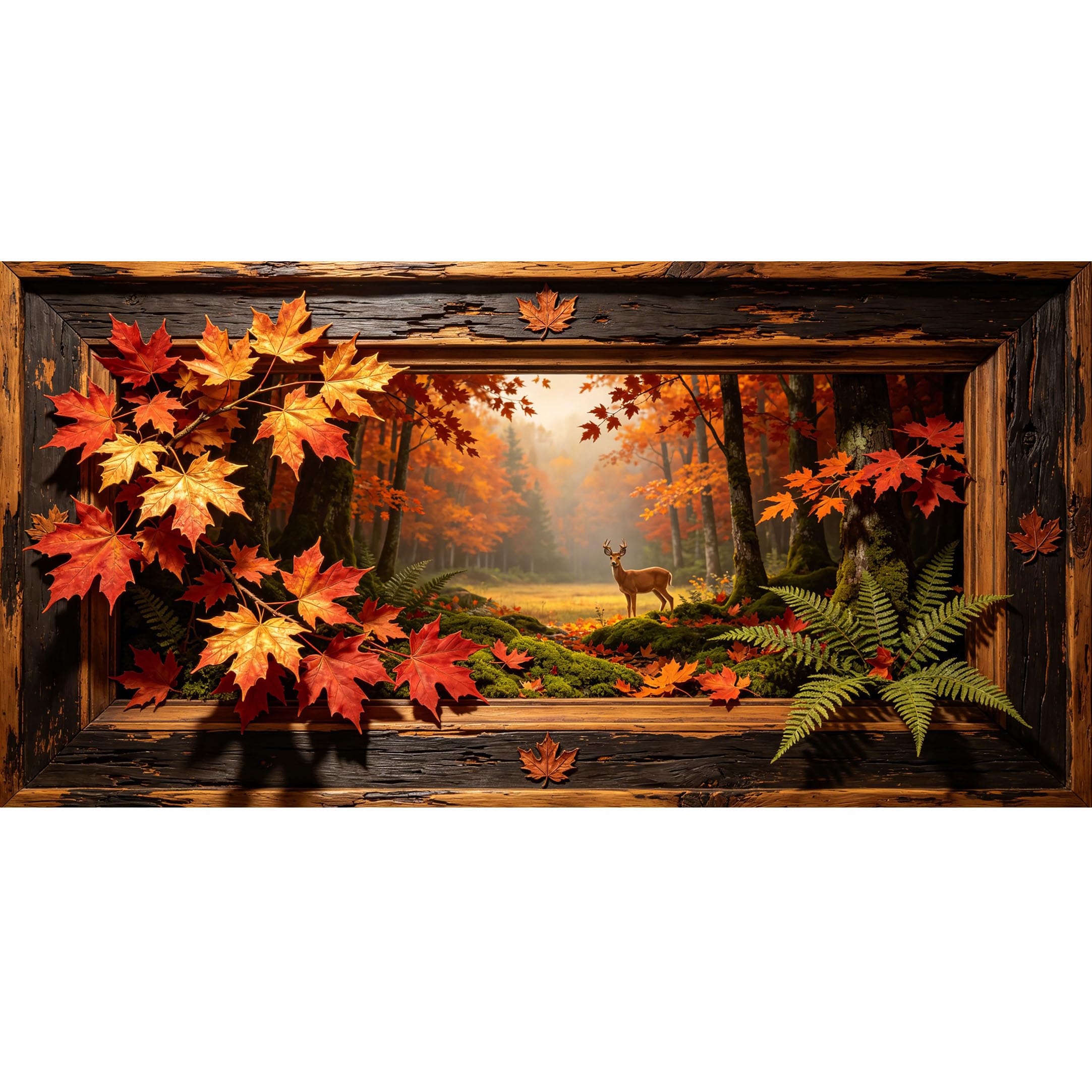 Agglomerix 3D Framed Wall Art Autumn Forest Deer Maple Leaves Moss Botanical Landscape Large Size Self-Adhesive Removable Wall Decor Prints Artwork for Living Room Bedroom Office