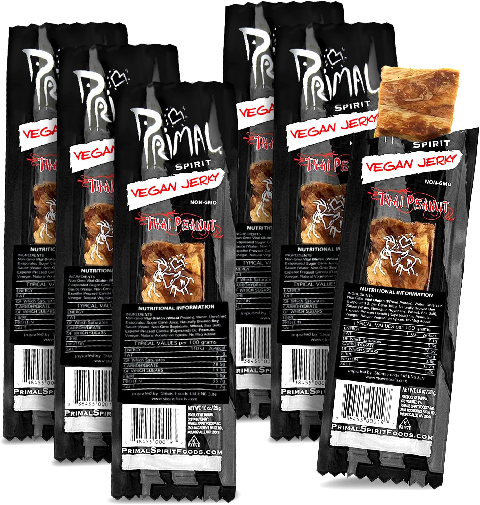 Primal Strips Thai Peanut Vegan Jerky Pack of 6 (28gm) โ Delicious Meat Alternative Healthy Snacks โ Non-GMO, High Protein, Traditional Vegan Snacks