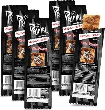 Primal Strips Thai Peanut Vegan Jerky Pack of 6 28gm   Delicious Meat Alternative Healthy Snacks   Non-GMO, High Protein, Traditional Vegan Snacks