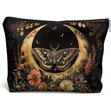 Moody Gothic Moon Moth Makeup Bag, Dark Cottagecore Botanical Floral Moth Cosmetic Bag for Women, Vintage Nocturnal Insect Makeup Zipper Pouch, Moth Lover Gifts
