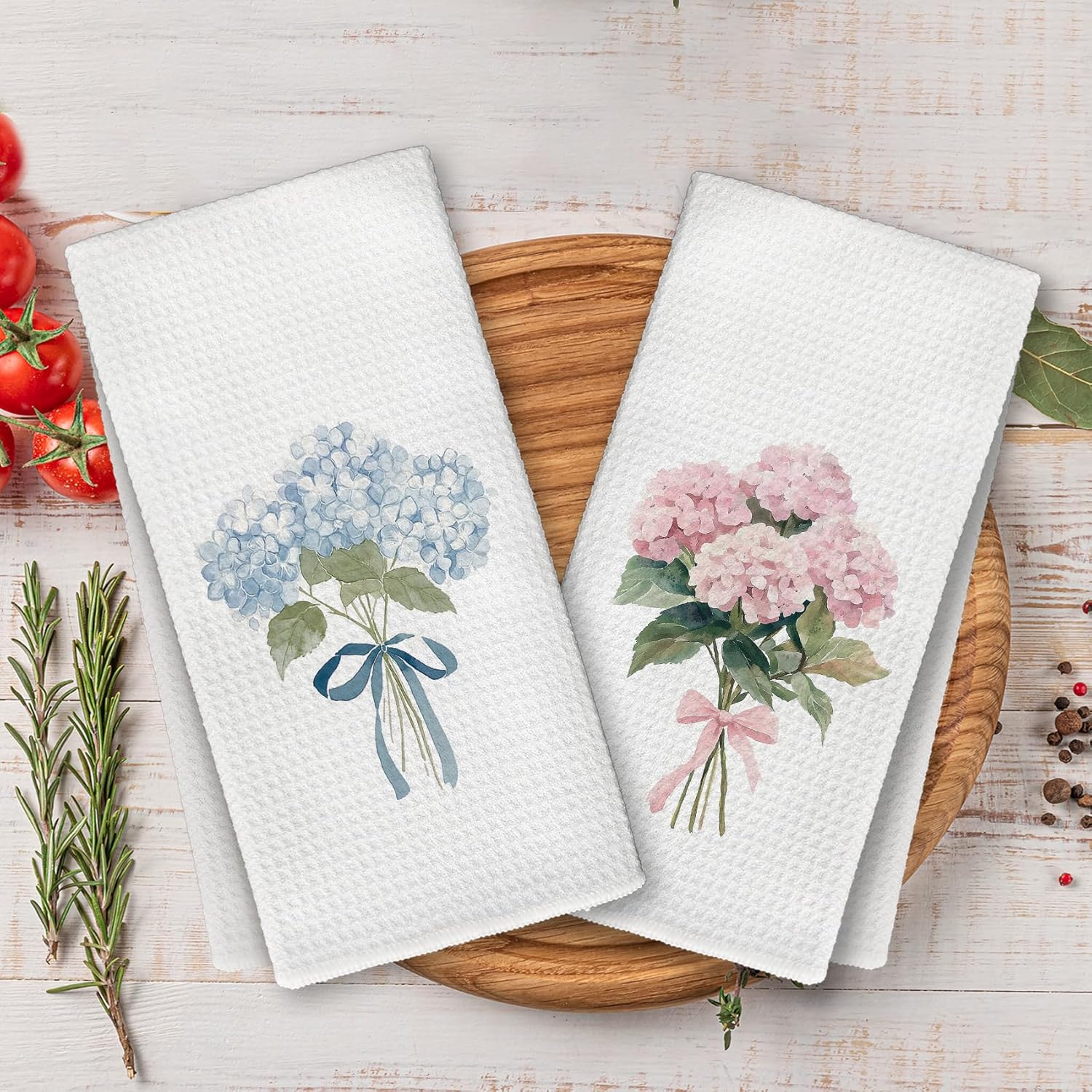 Pink Blue Hydrangea Kitchen Towels, Coquette Pink Bow Hydrangea Floral Hand Dish Towels Decor, Cottagecore Decor Tea Towel for Kitchen Bathroom Decorative, 16x24 Inch Set of 2 - Image 4