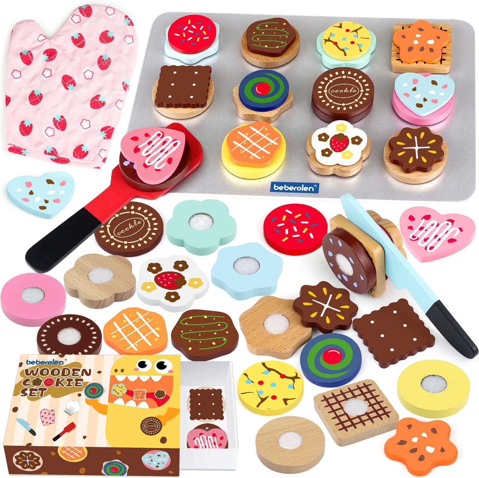 Beberolen Wooden Play Food, Wooden Biscuits Toy Kitchen Accessories and Tea Set for Toddlers, Toy Food Set for Kids Kitchen, Toy Picnic Set Cookie Bakery Role Play Toy for Children Boys Girls