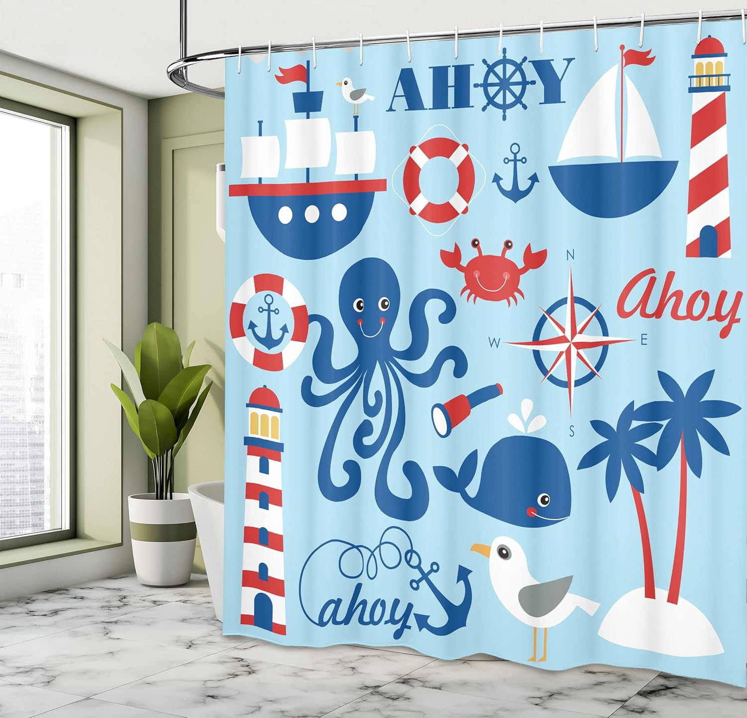 Ambesonne Nautical Shower Curtain, Cheerful Sea Objects Group Palm Trees Octopus Spyglass Sea Gull, Cloth Fabric Bathroom Decor Set with Hooks, 69" W x 75" L, Blue White