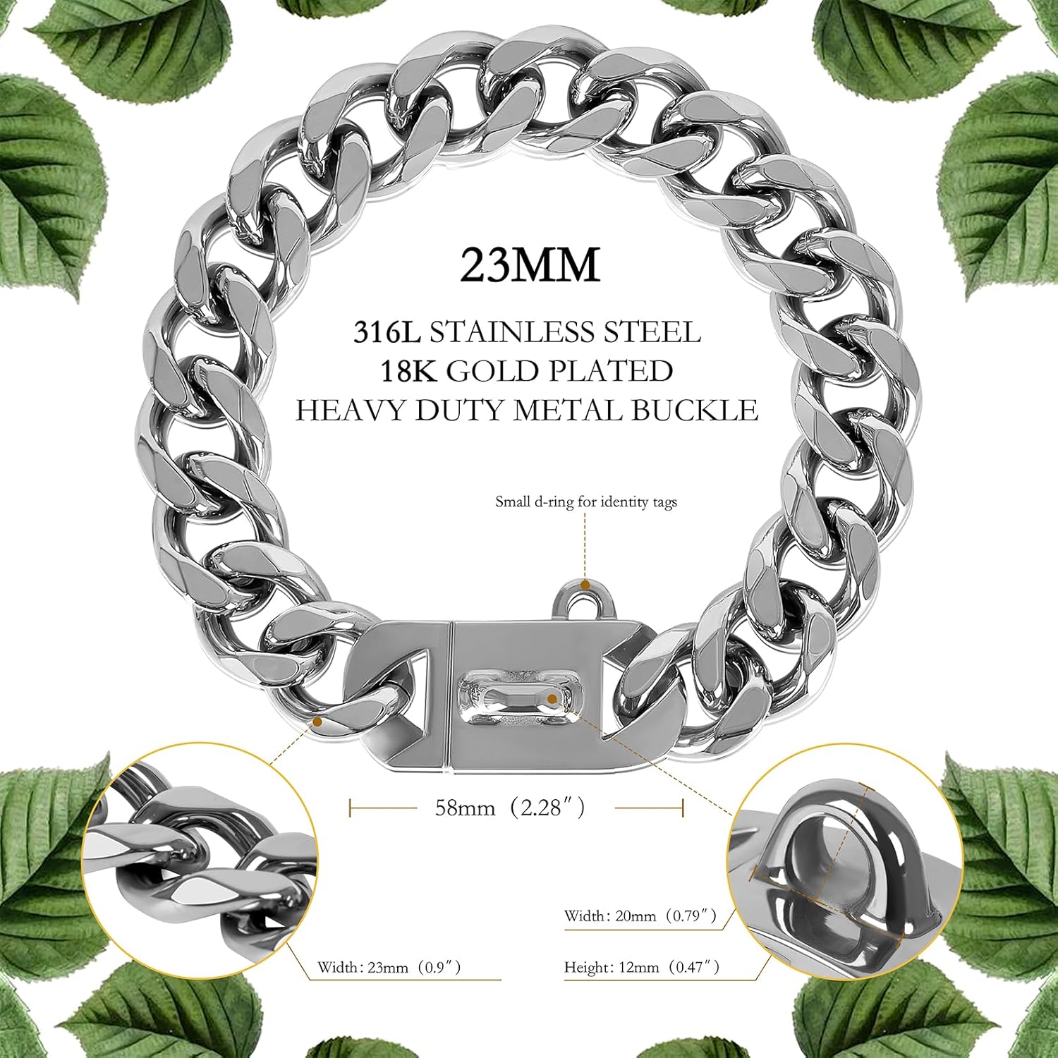 BAOBOTE 23MM Silver Dog Collar,Dog Chain Collars with Cuban Link Dog Collar,Heavy Duty Training Collar Chew Proof for Medium Dogs(22" Silver)