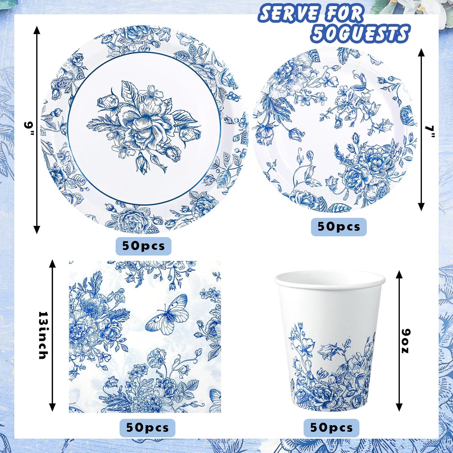 Nitial 200 Piece Blue and White Flower Disposable Tableware Set Serves 50 Guests Floral Paper Plates and Napkins Cups for Bridal Shower Birthday Party Supplies
