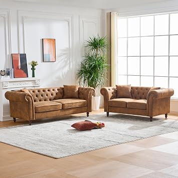 KEVINSPACE 2 Piece Living Room Set, Chesterfield Faux Leather Sofa Loveseat Couch with Scroll Arms for Living Room, Office Furniture Sofas Mid Century Modern Sectional Button Tufted 4 Pillows Brown