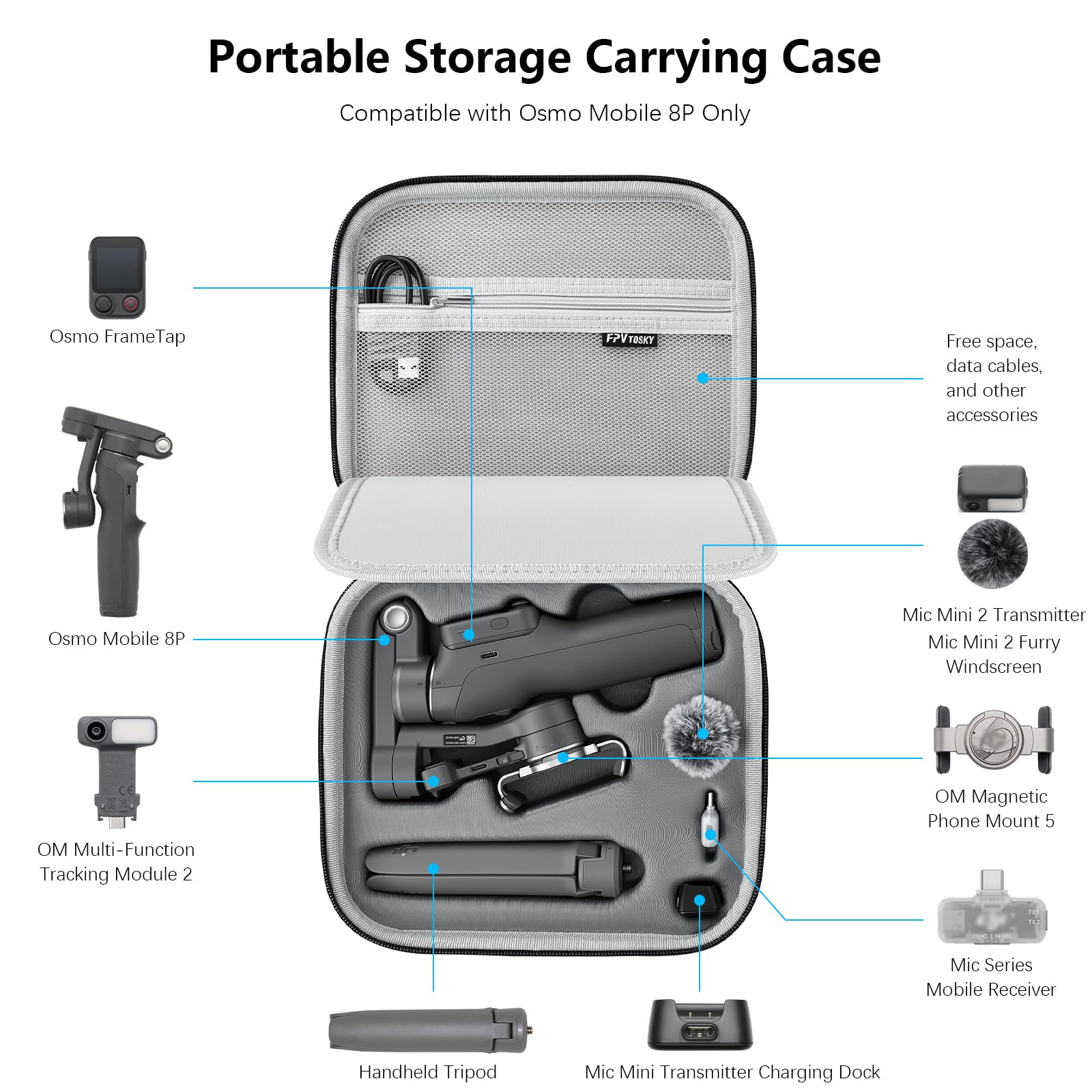 FPVtosky Sac Rigide Osmo Mobile 8P, Sac de Transport Étanche pour DJI Bundle Créateur Osmo Mobile 8P Stabilisateur & Accessoires, Étui Portable en PU Voyage/Photo Extérieure [Étui Seulement]