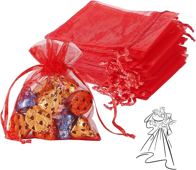 100PCS Red Organza Bags Small, 8X10cm Small Net Bags Drawstring Little Mesh Bags for Gifts Wedding Favour Christmas Jewelry