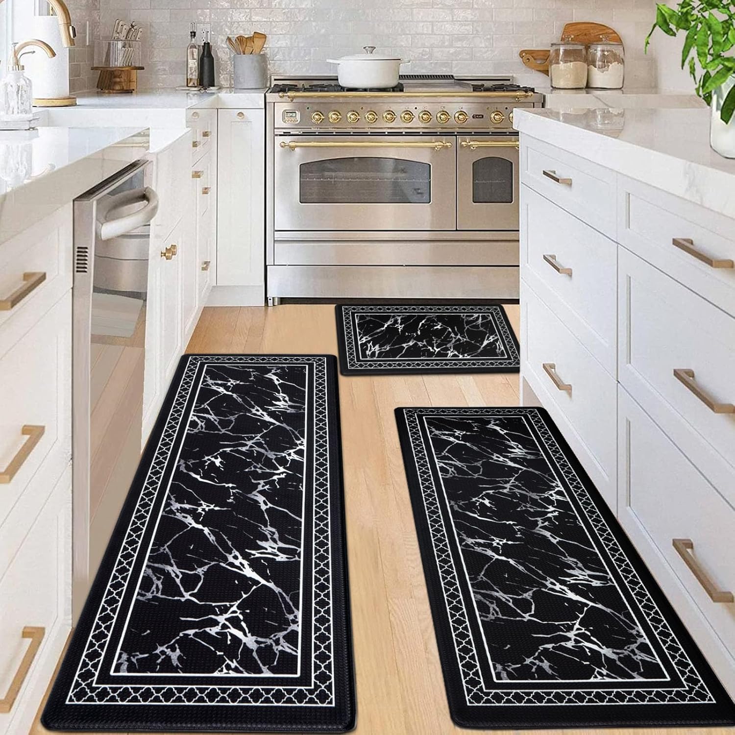 ASPMIZ 3 Piece Kitchen Rug Set with Runner, Marble Memory