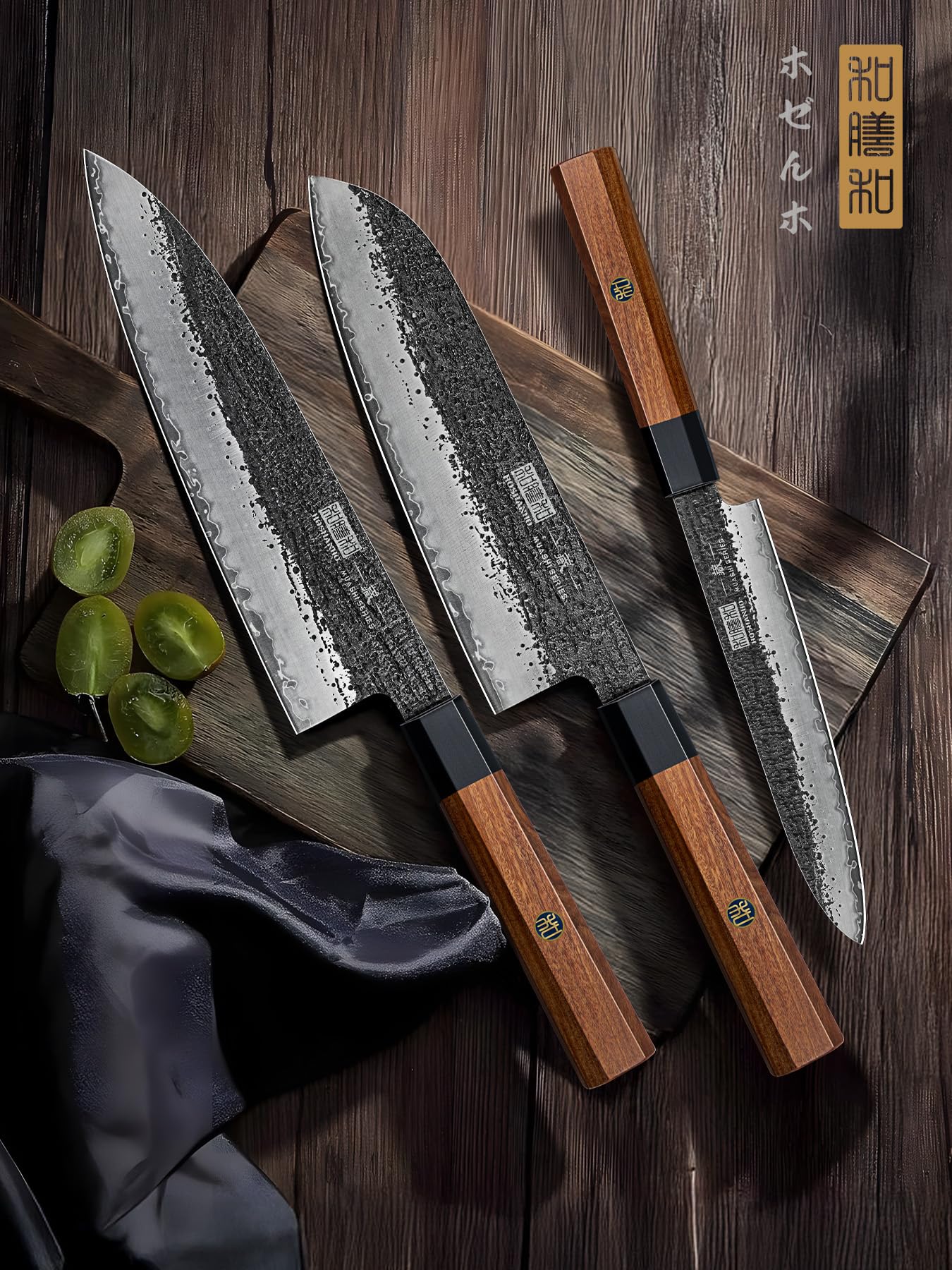 HOSHANHO Juego de Cuchillos de Cocina 3 piezas, Juego de Cuchillos de Chef | Juego de Cuchillos de 3 piezas Profesionales Japoneses de Acero al Carbono Ultraafilados con Mango Octogonal de Palisandro