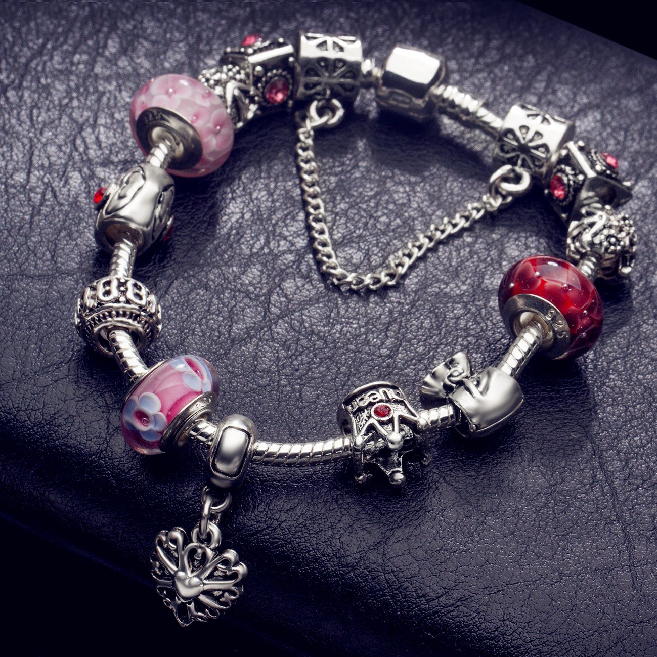 A TE® Bracciale Charms Fiore Vetro Catena Sicurezza Regalo 18cm/20cm#JW-B110
