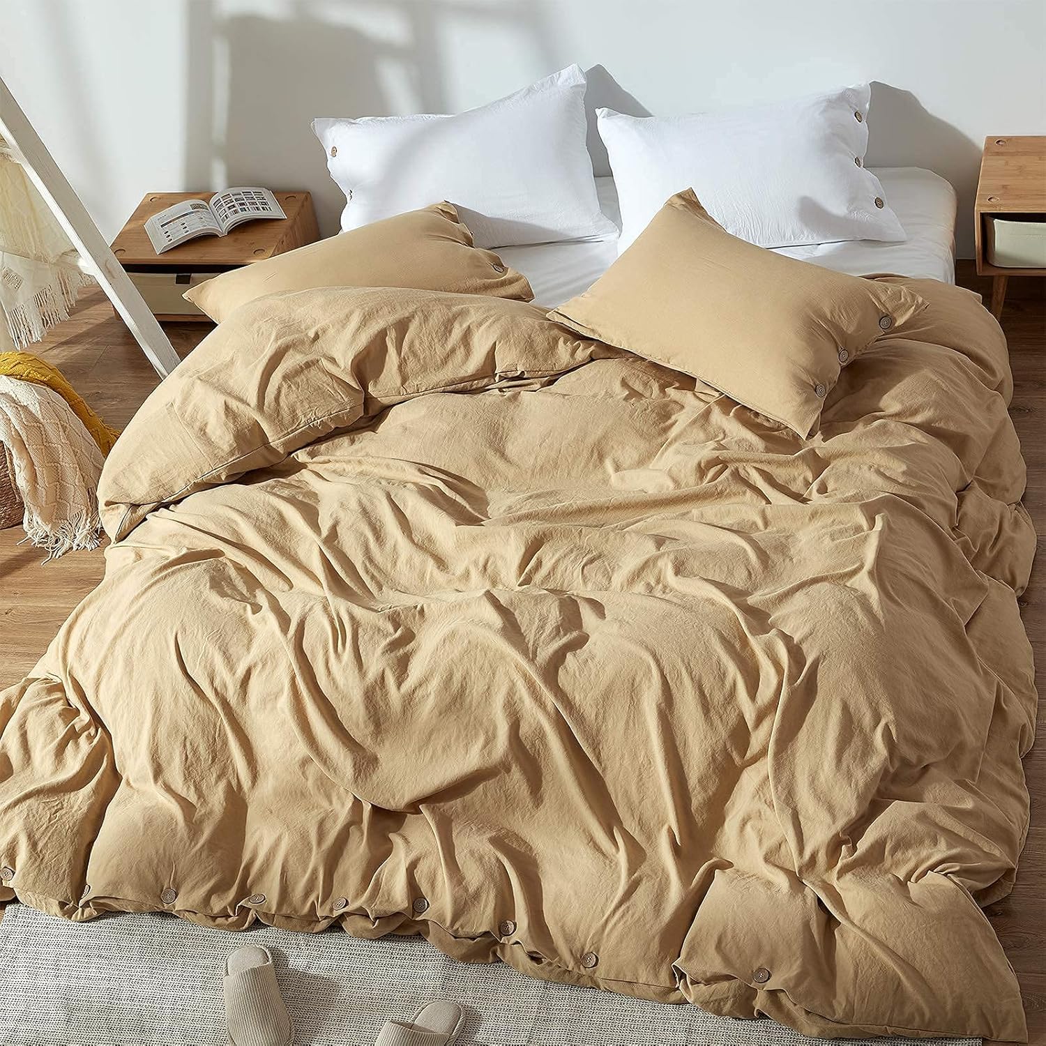 NexHome Duvet Cover Sets Queen Size Light Brown Double Brushed Microfiber Button Closure & Corner Ties-Breathable and Soft-3pcs : Home & Kitchen
