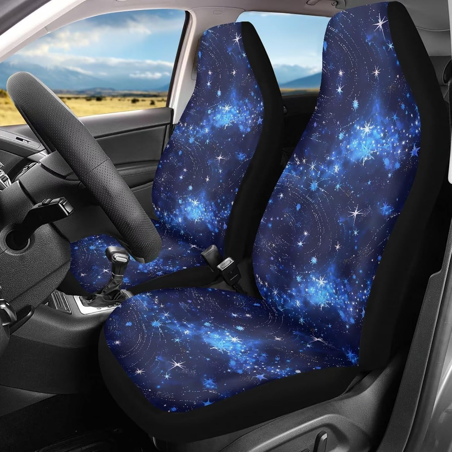 2 Pack Blue Star Car Seat Covers Front Seat, Star Cluster Tie Dye Auto Interior Covers, Universe Tie Dyeing All Weather Car Seat Protector Comfort & Protection image 2