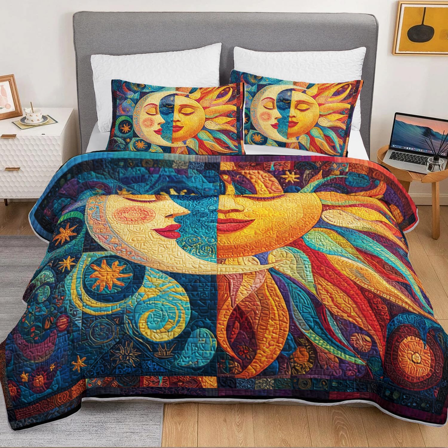 HOSIMA Bohemia Style Quilt Set King Size,Sun and Moon Boho Bedding for Adults Aesthetic Bedroom Decor,Soft Lightweight Plaid Celestial Bedding with 2 Pillowcases for All Seasons.