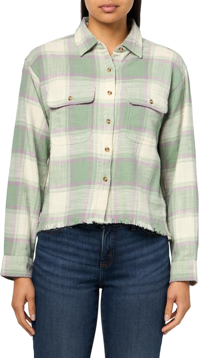 Lucky Brand Womens Raw Edge Flannel Cropped Button Down Shirt