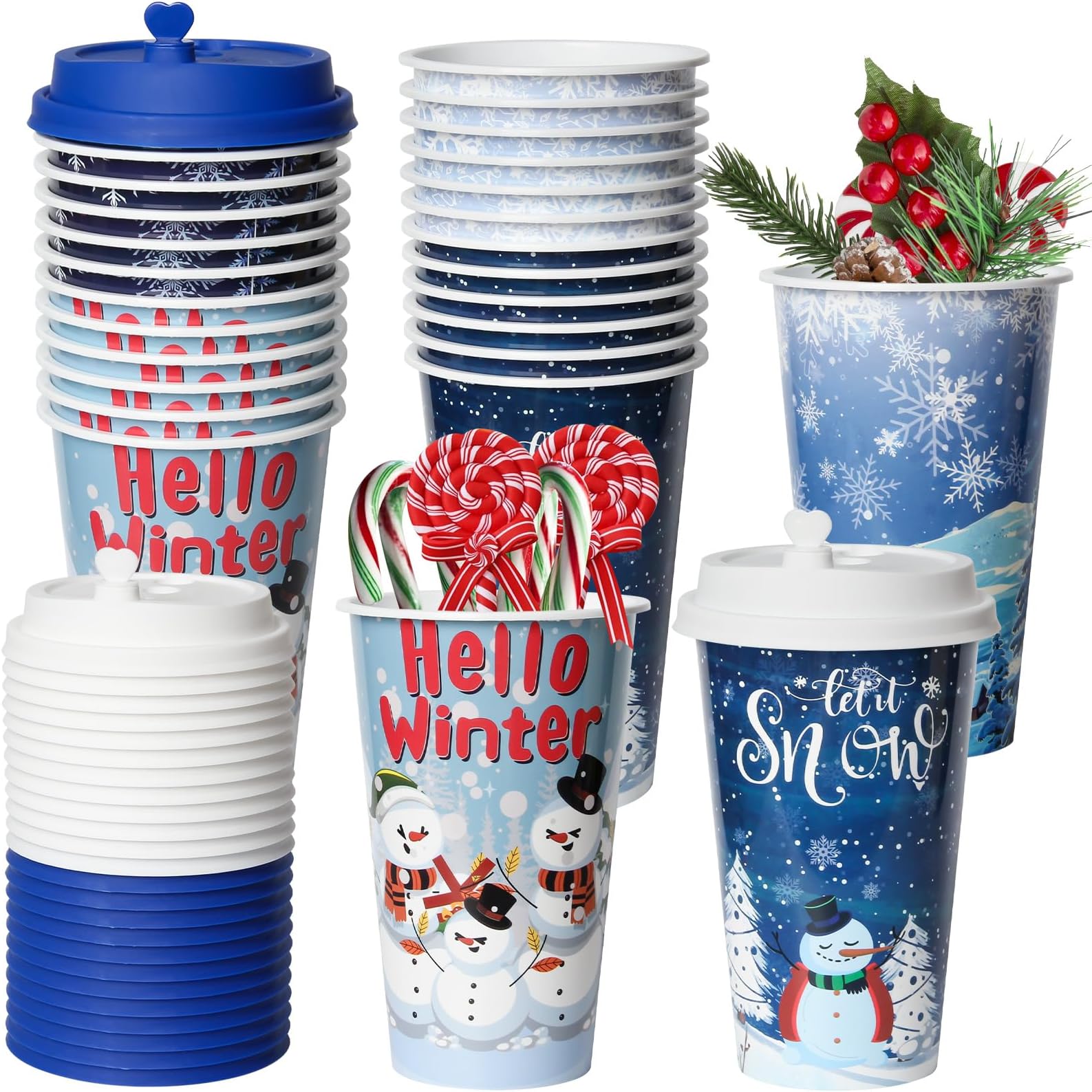 24 Reusable Christmas Cups Snow Winter Wonderland Party Favors, 16OZ Reusable Frozen Plastic Cups for Kids Christmas Xmas Party Supplies with Lids Plugs