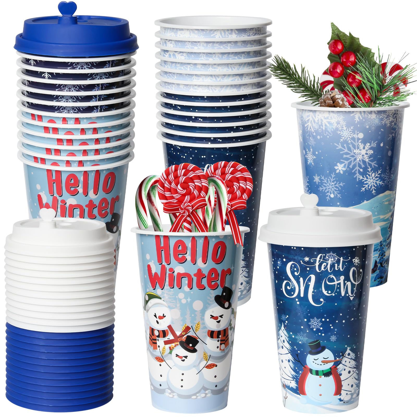 24 Reusable Christmas Cups Snow Winter Wonderland Party Favors, 16OZ Reusable Frozen Plastic Cups for Kids Christmas Xmas Party Supplies with Lids Plugs