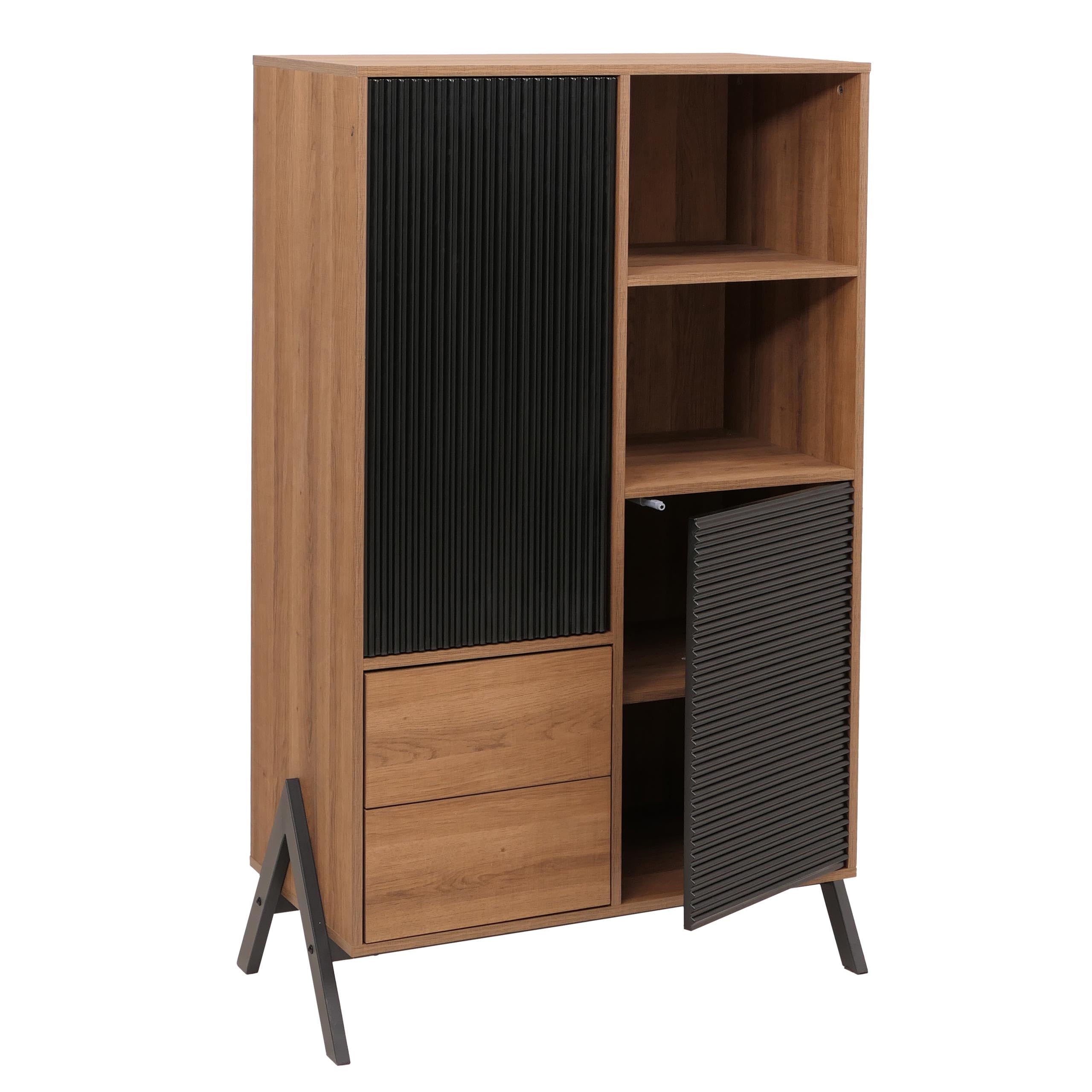 Mendler Hochschrank HWC-O40, Schrank Highboard mit Türen Staufächer Schubladen, MDF Metall Melamin 138x79x40cm - Natur