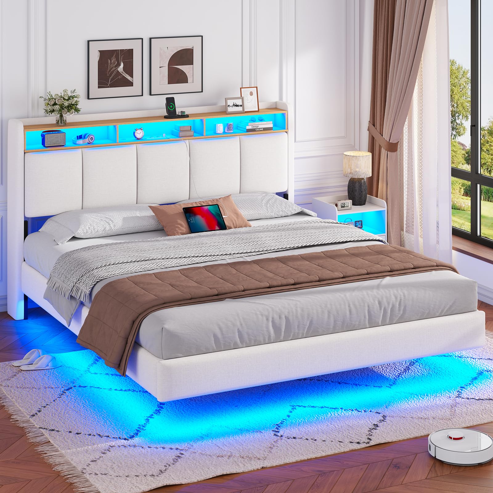 Letto Matrimoniale 180x200cm Fluttuante, Testiera Imbottita, LED e Ricarica