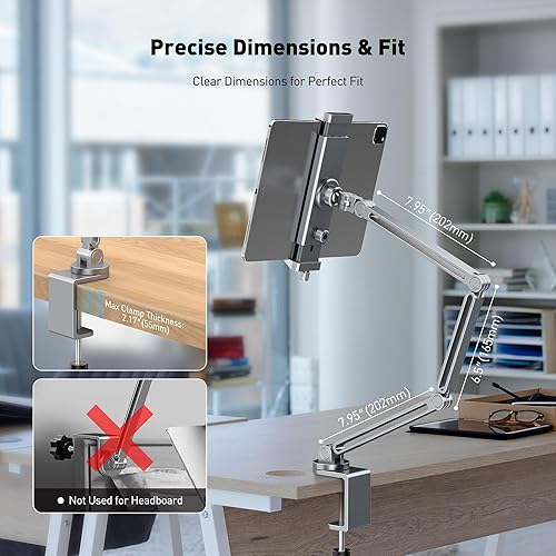 Miniatura 8 de AboveTEK Soporte para iPad 2 en 1 para escritorio, brazo de aluminio para iPad con abrazadera y cabezal de anillo magnético, soporte ajustable de