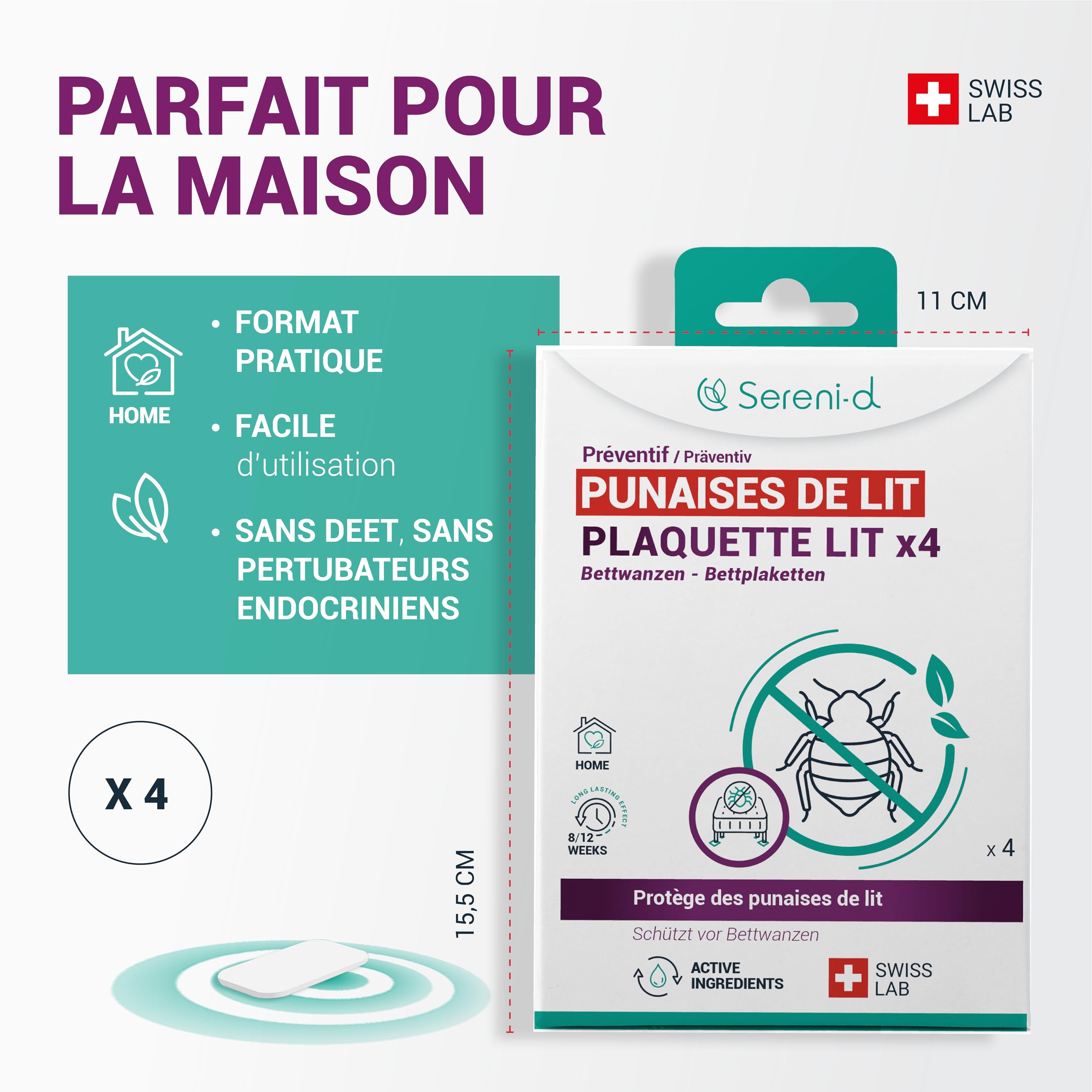 PLAQUETTES LIT Répulsives Punaises de Lit - Protège des punaises de lit pendant votre sommeil - x4