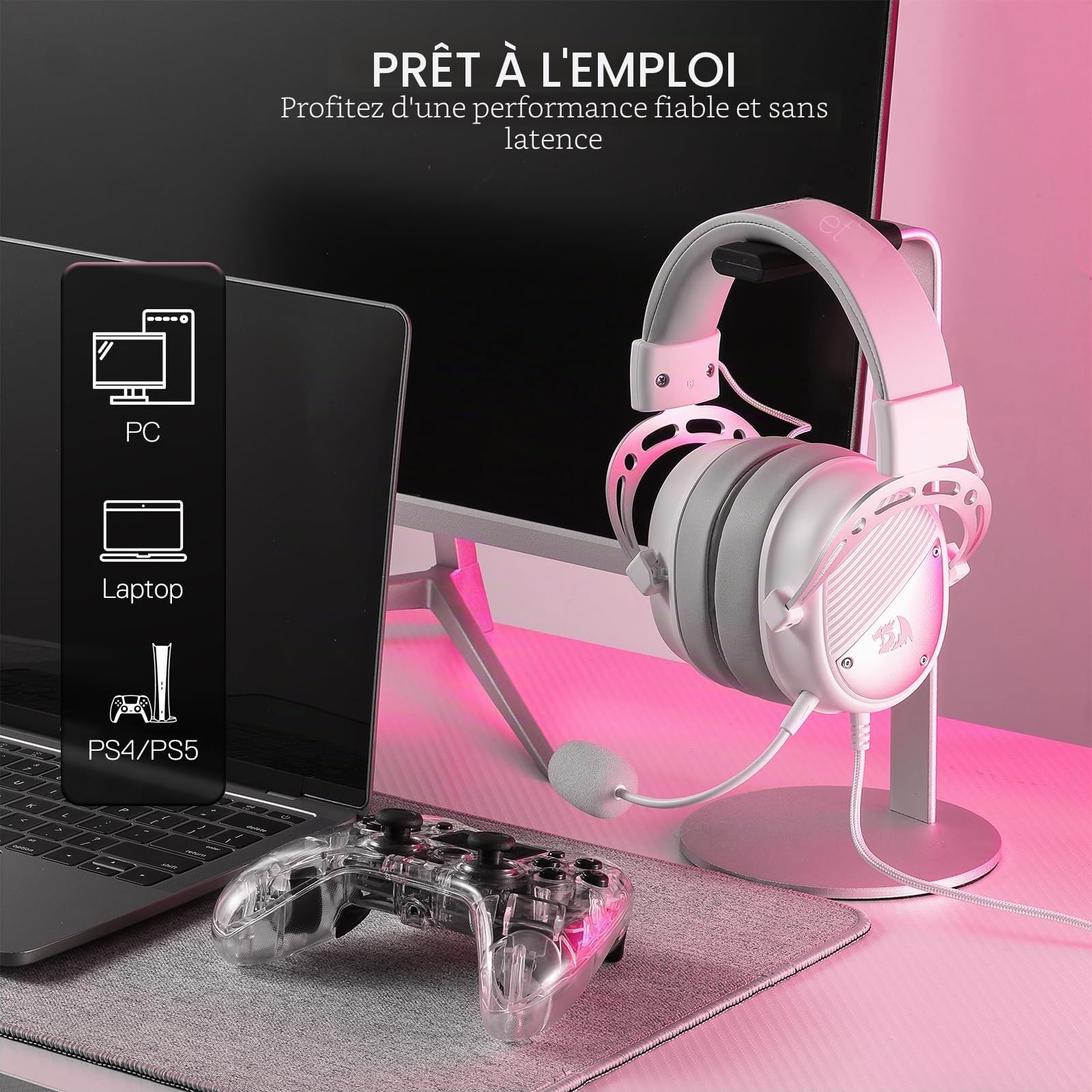 Redragon H730 Casque Gamer Filaire USB 53mm Son 360 Micro Detachable Blanc | Casque gamer filaire USB pilotes 53mm son 360 micro anti bruit detachable coussinets magnetiques blanc pour PC PS4 PS5