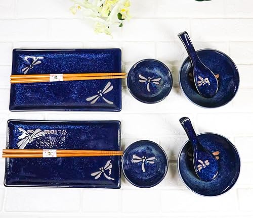 Miniatura 6 de Japonés Tombo Libélula Azul Motif Juego de vajilla de cerámica de sushi 10pc para dos pares compuesto por de platos de sushi cuencos de sopa salsa