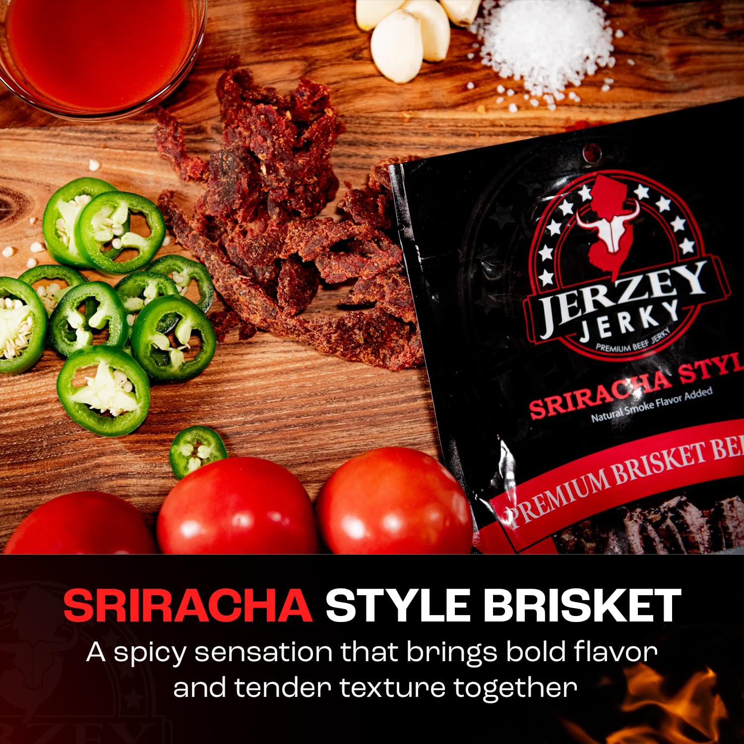 Jerzey Jerky Sriracha Style Brisket Jerky 2.5oz (2 Pack) – High Protein, Gluten Free and Healthy Beef Snacks with Rich, Authentic Flavor