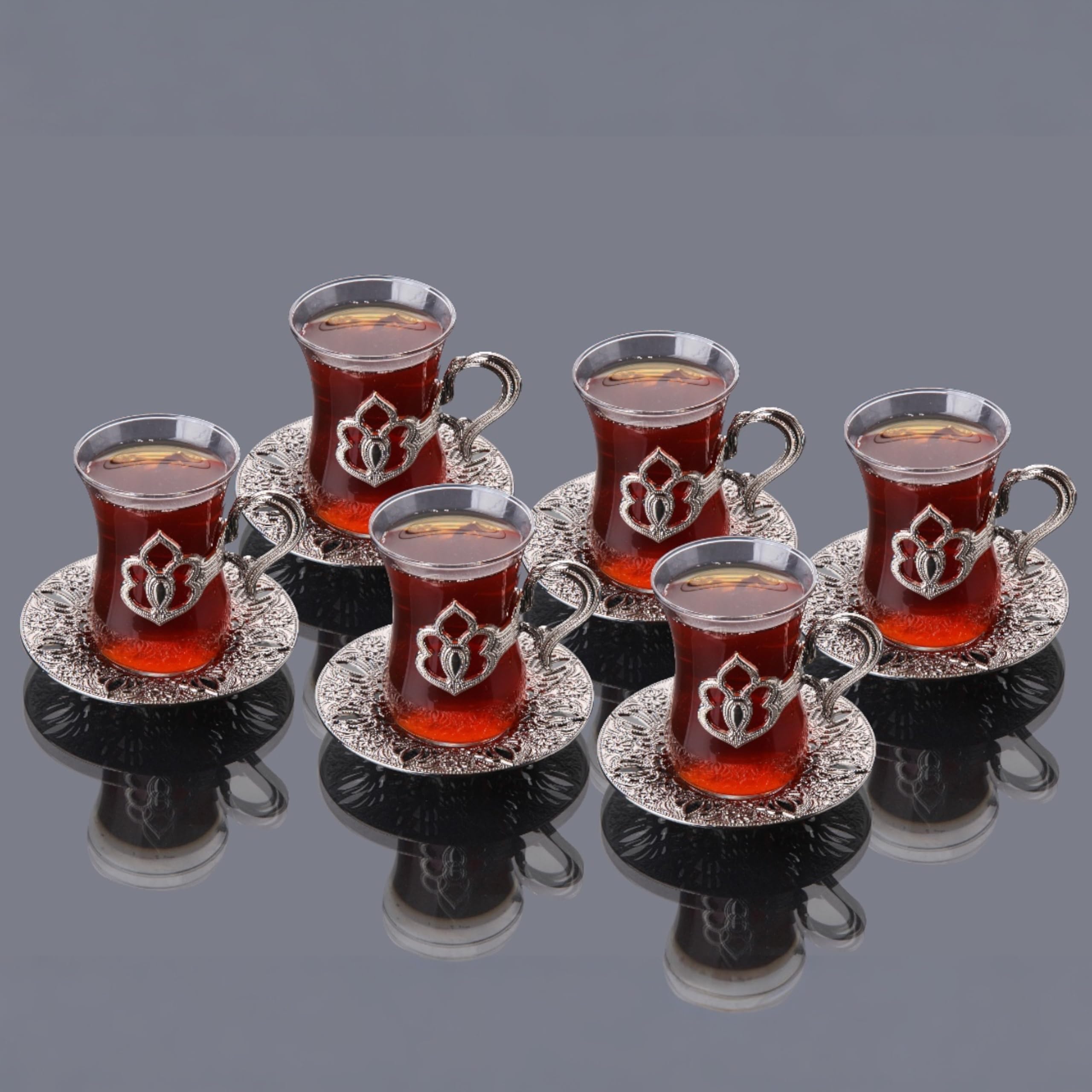 LaModaHome Vintage Handmade Turkish Tea Glasses with Saucer and Holders, Ottoman and Arabic Cups Set of 6 for Serving Guests, Teatime, Dinner, Housewarming Gifts, Events, Parties, Tableware - Silver