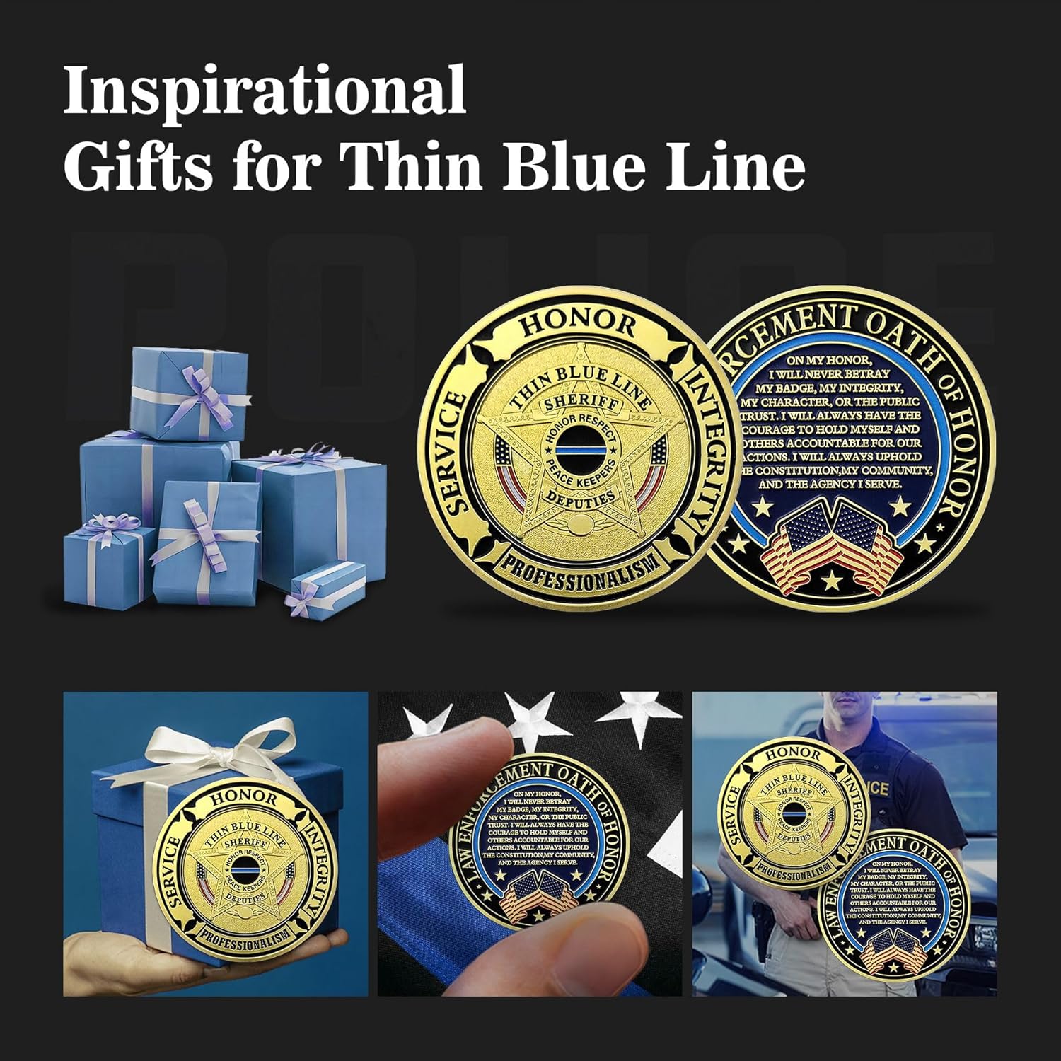 BHealthLife 5 PCS Thin Blue Line Sheriff Coin - Police Challenge Coin Bulk Law Enforcement Prayer Coins - Police Week Appreciation Gifts for Sheriff Police Officer