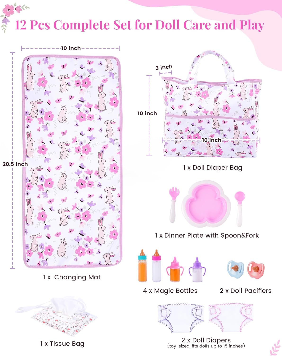 BABESIDE Baby Doll Accessories – 12 Pcs Baby Doll Diaper Bag Playset with Changing Mat & Magic Bottles, Role Play Gift for Girls 3+, Fits Dolls up to 20 Inch (Doll Not Included)