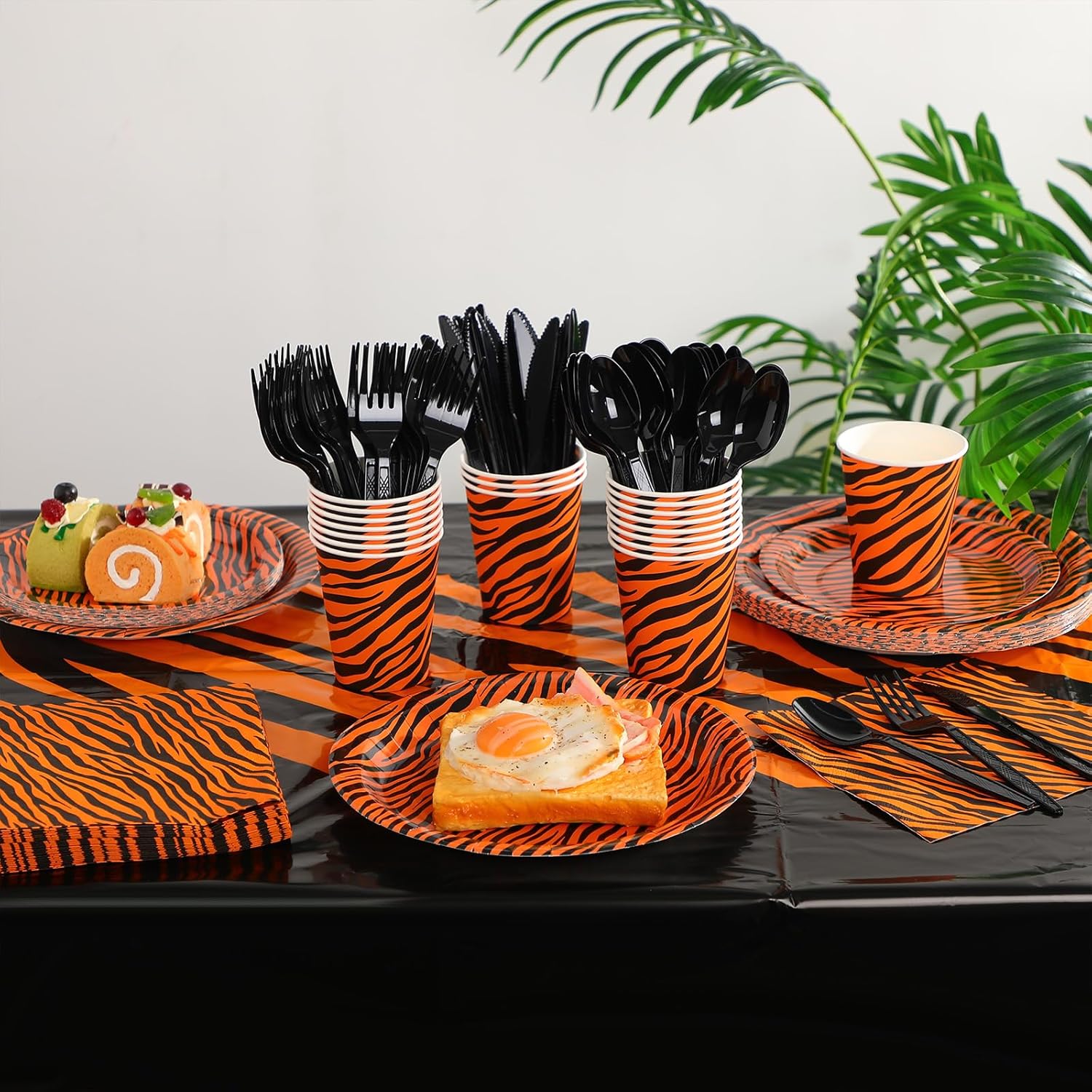 Oudain 162 Pcs Tiger Plates Party Decorations Tiger Birthday Tableware Safari Animal Jungle Party Supplies Animal Tablecloth Paper Plate Cup Napkin Fork for Baby Shower Birthday