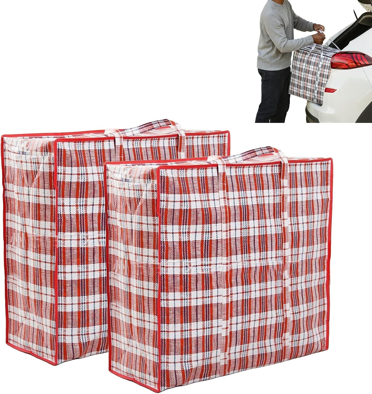 Jumbo Storage Bag XXL 140 L Checked with Zip - Storage Bag Bigbag PP Fabric Foldable Water-Repellent Tear-Resistant - Clothing Duvet Pillow Moving Warehouse Travel Camping Red Set of 2